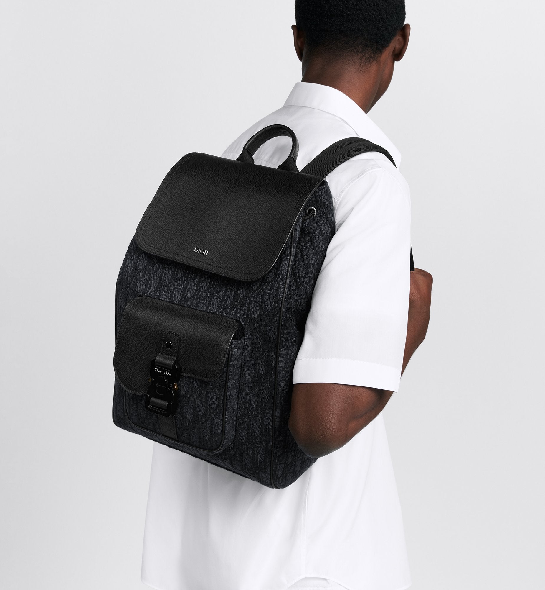 Saddle Backpack With Flap Black Dior Oblique Jacquard And Black Grained Calfskin