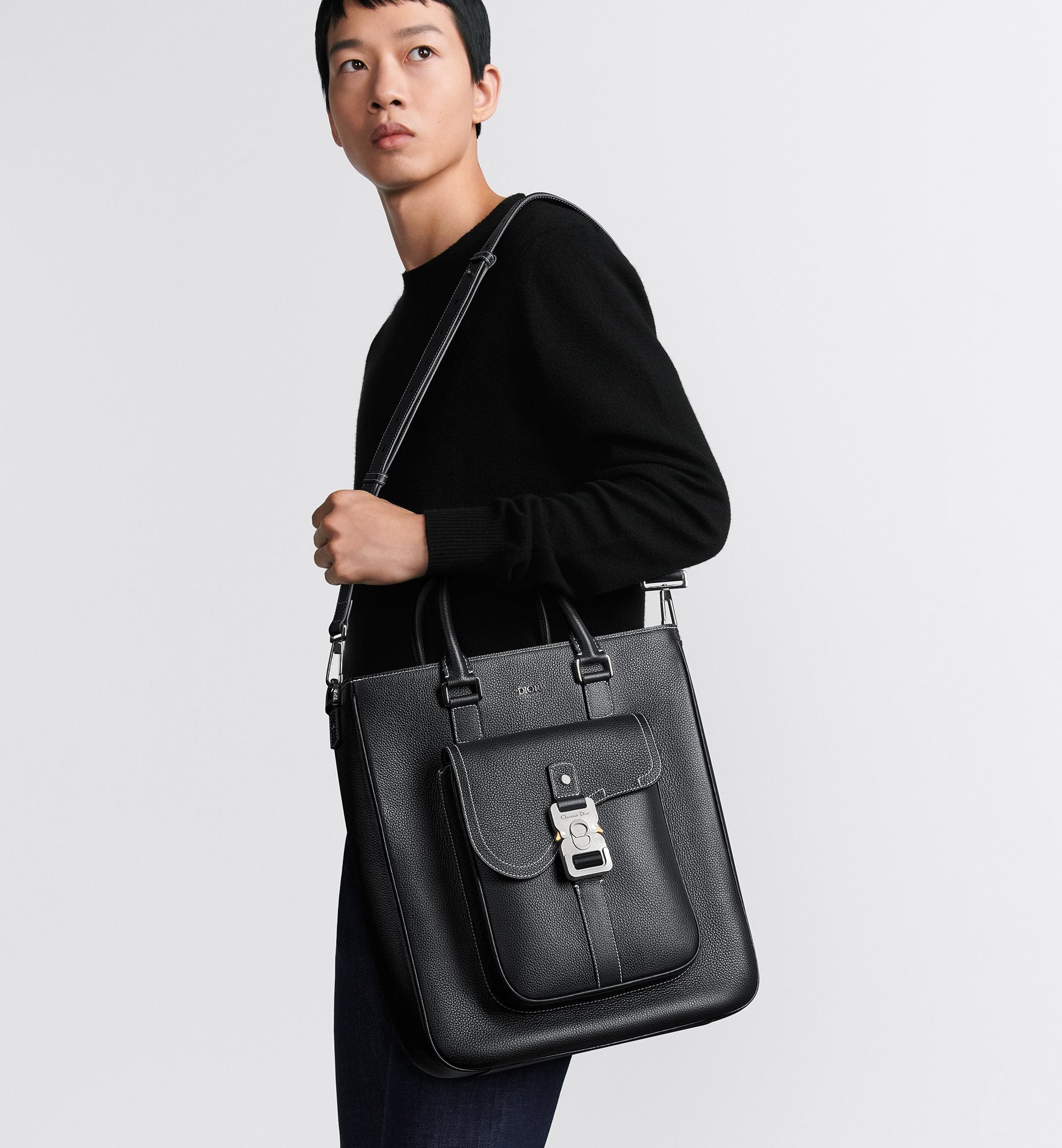 Saddle Tote Bag Black Grained Calfskin