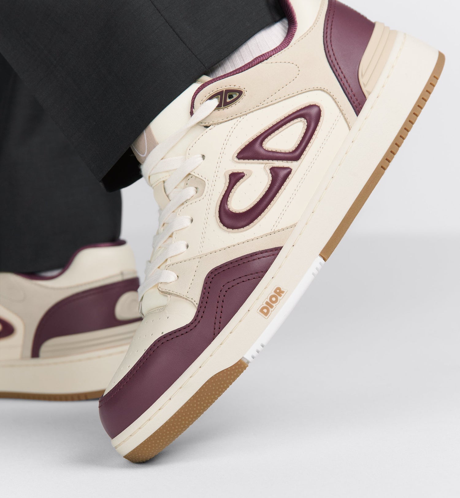 B57 Low Top Sneaker Burgundy And Cream Smooth Calfskin With Beige Suede