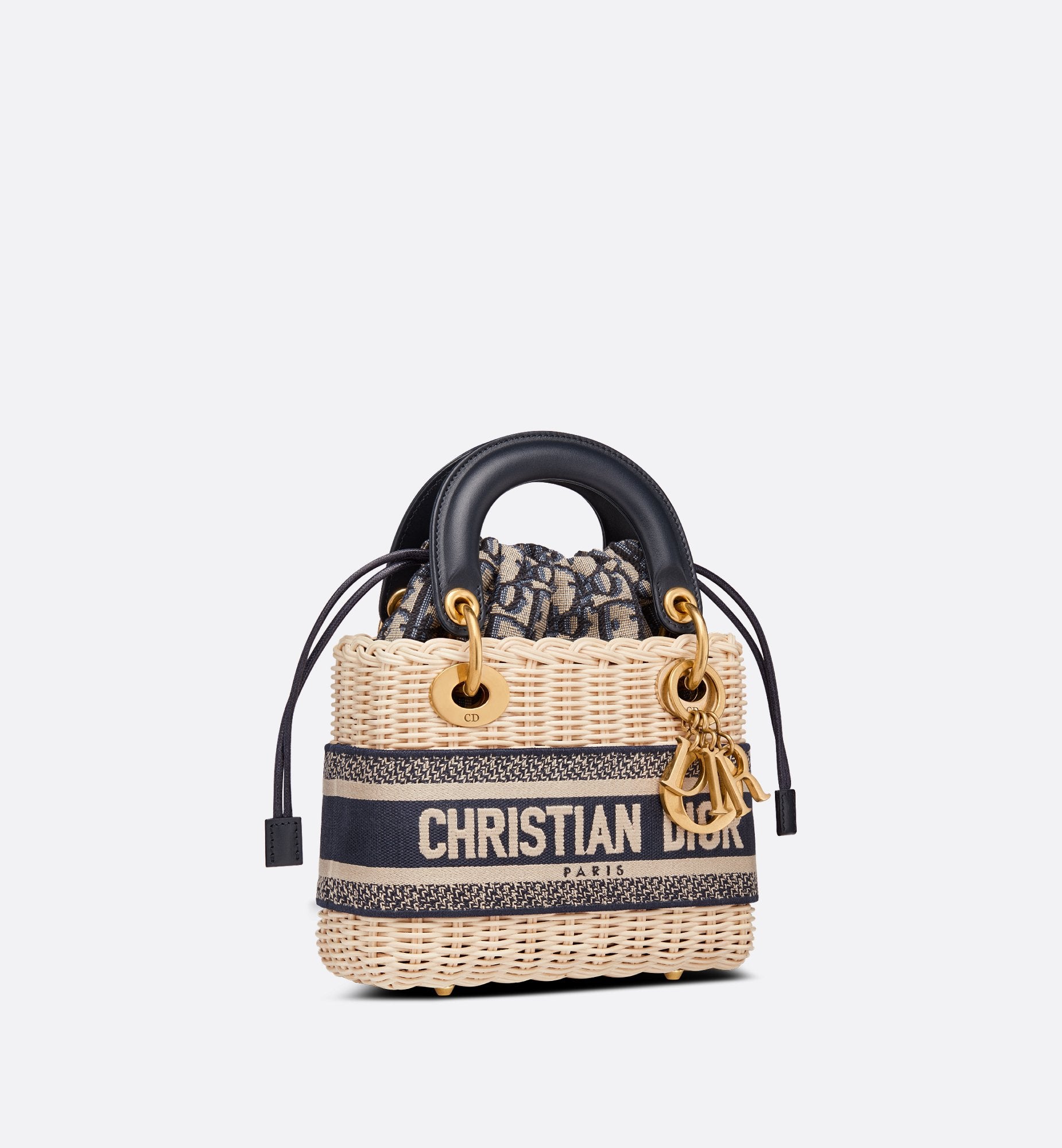 Mini Lady Dior Bag Natural Wicker And Blue Dior Oblique Jacquard