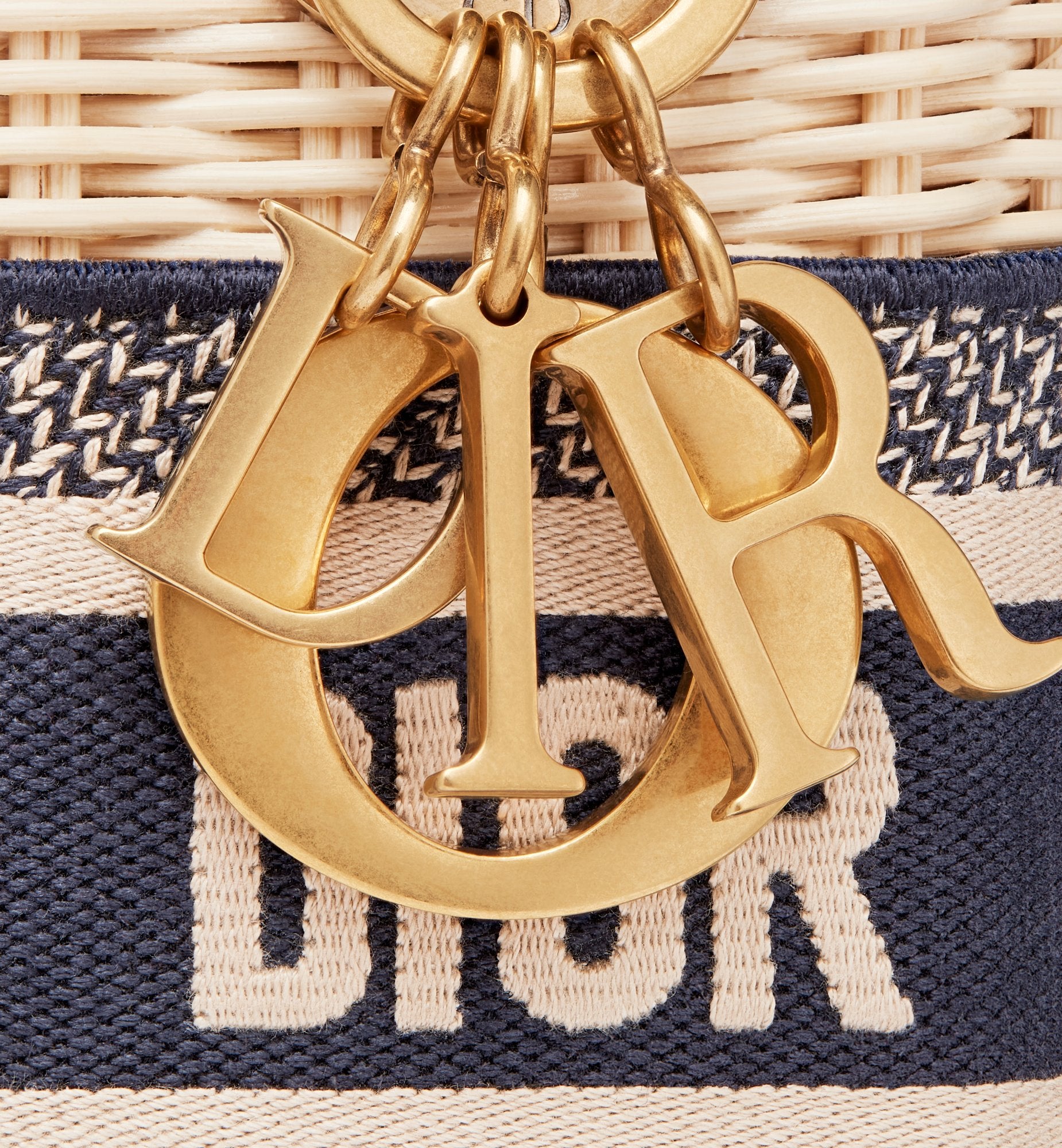 Mini Lady Dior Bag Natural Wicker And Blue Dior Oblique Jacquard