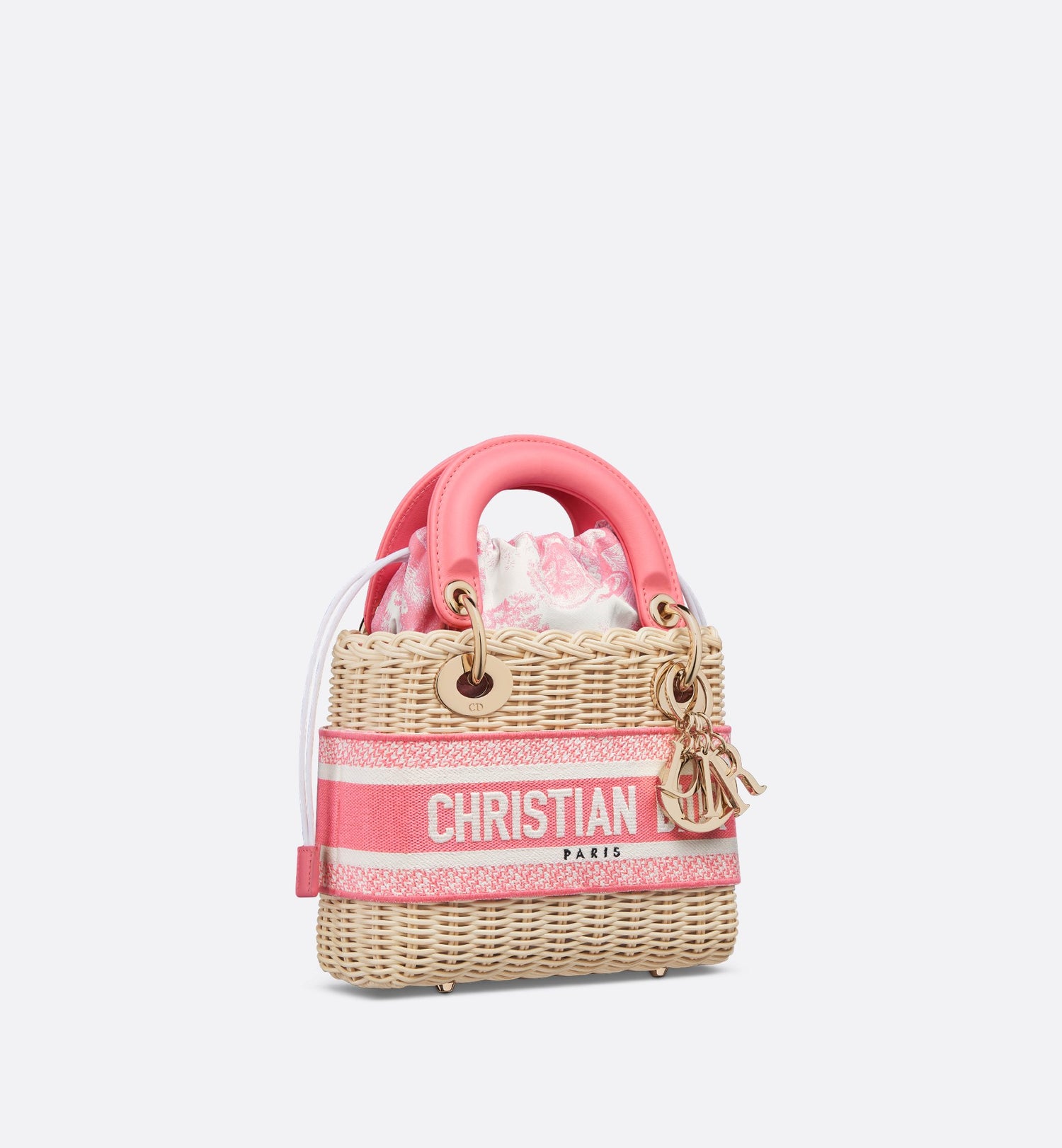 Mini Dioriviera Lady Dior Bag Natural Wicker And Candy Pink Toile De Jouy Jacquard