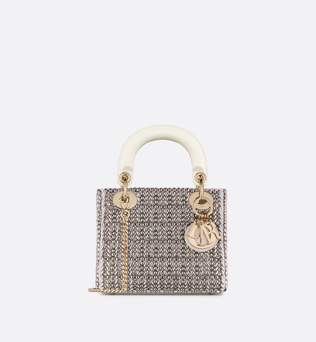 Mini Lady Dior Bag Latte Cotton Embroidered With Silver-Tone Crystals And Beads