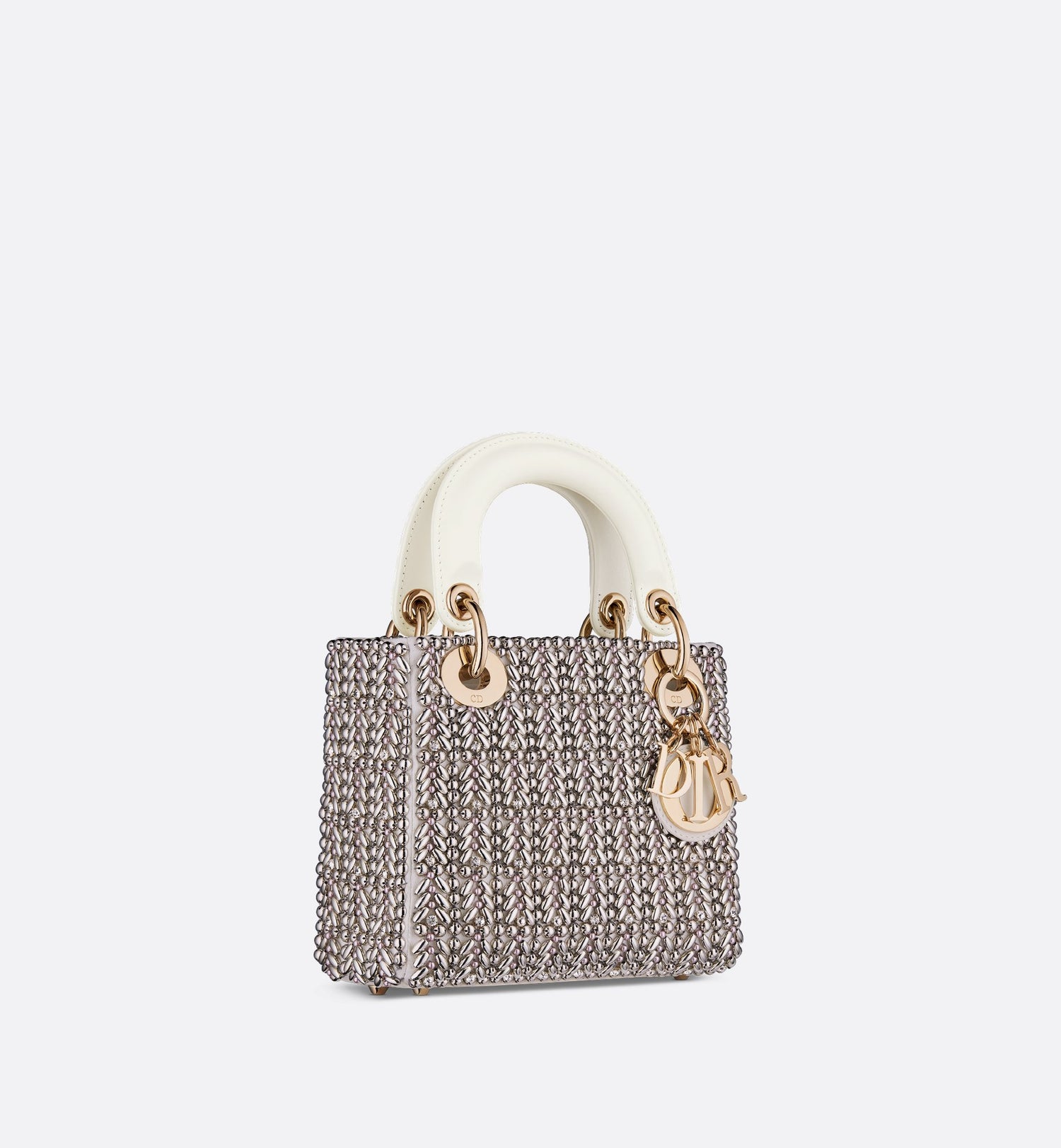 Mini Lady Dior Bag Latte Cotton Embroidered With Silver-Tone Crystals And Beads