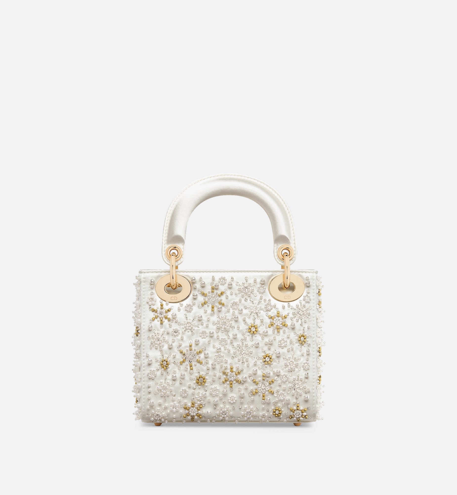 Mini Lady Dior Bag Latte Satin Embroidered With White Resin Pearls