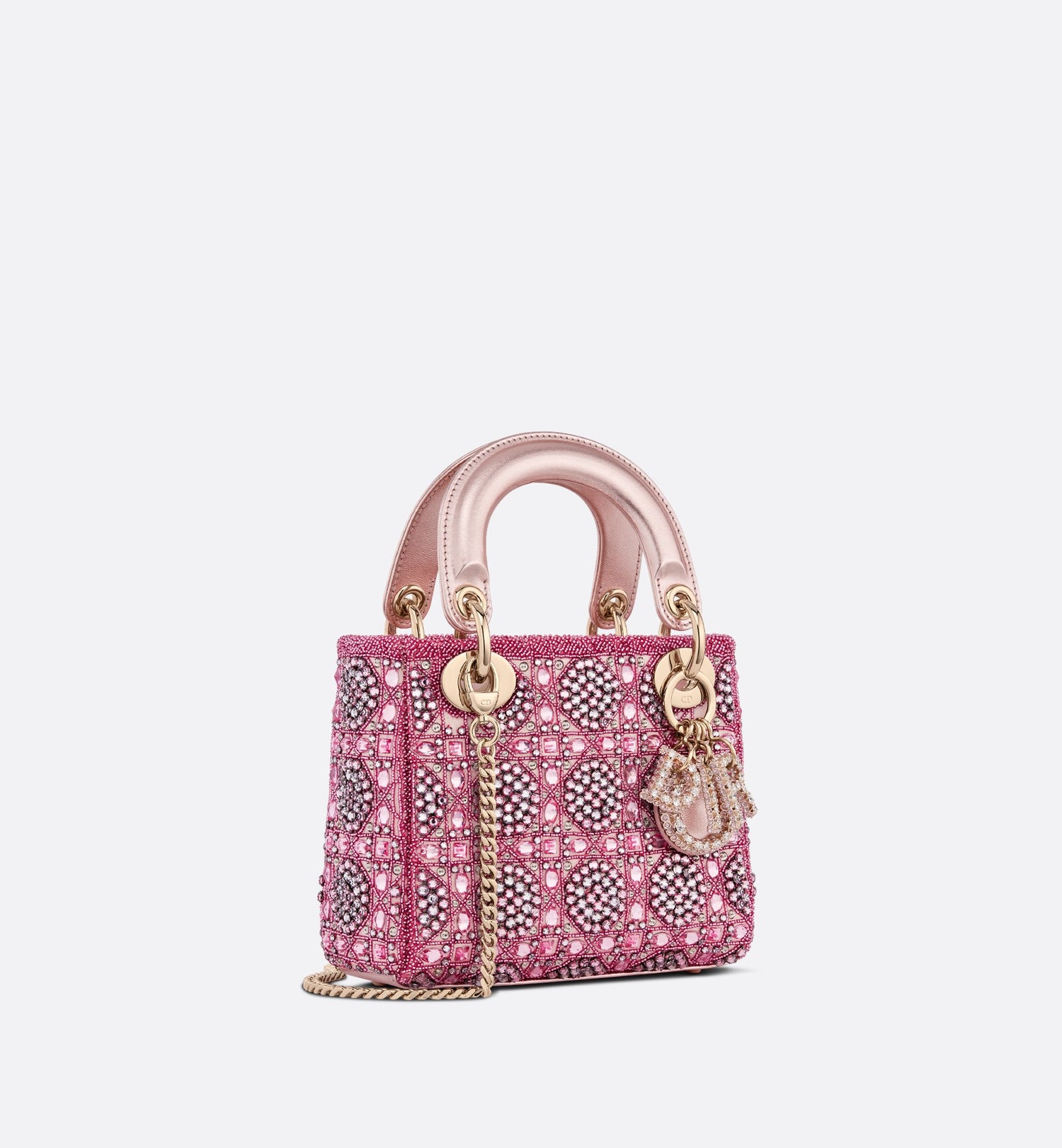 Mini Lady Dior Bag Metallic Calfskin And Satin With Rose Des Vents Resin Pearl Embroidery