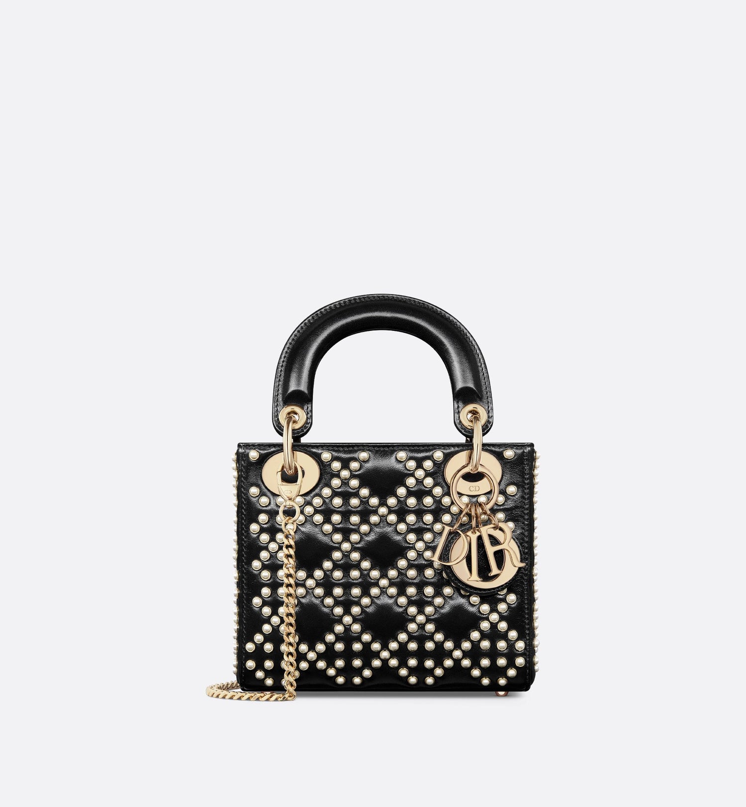 Mini Lady Dior Bag Black Crinkle-Effect Lambskin With White Resin Half-Pearl Cannage Motif