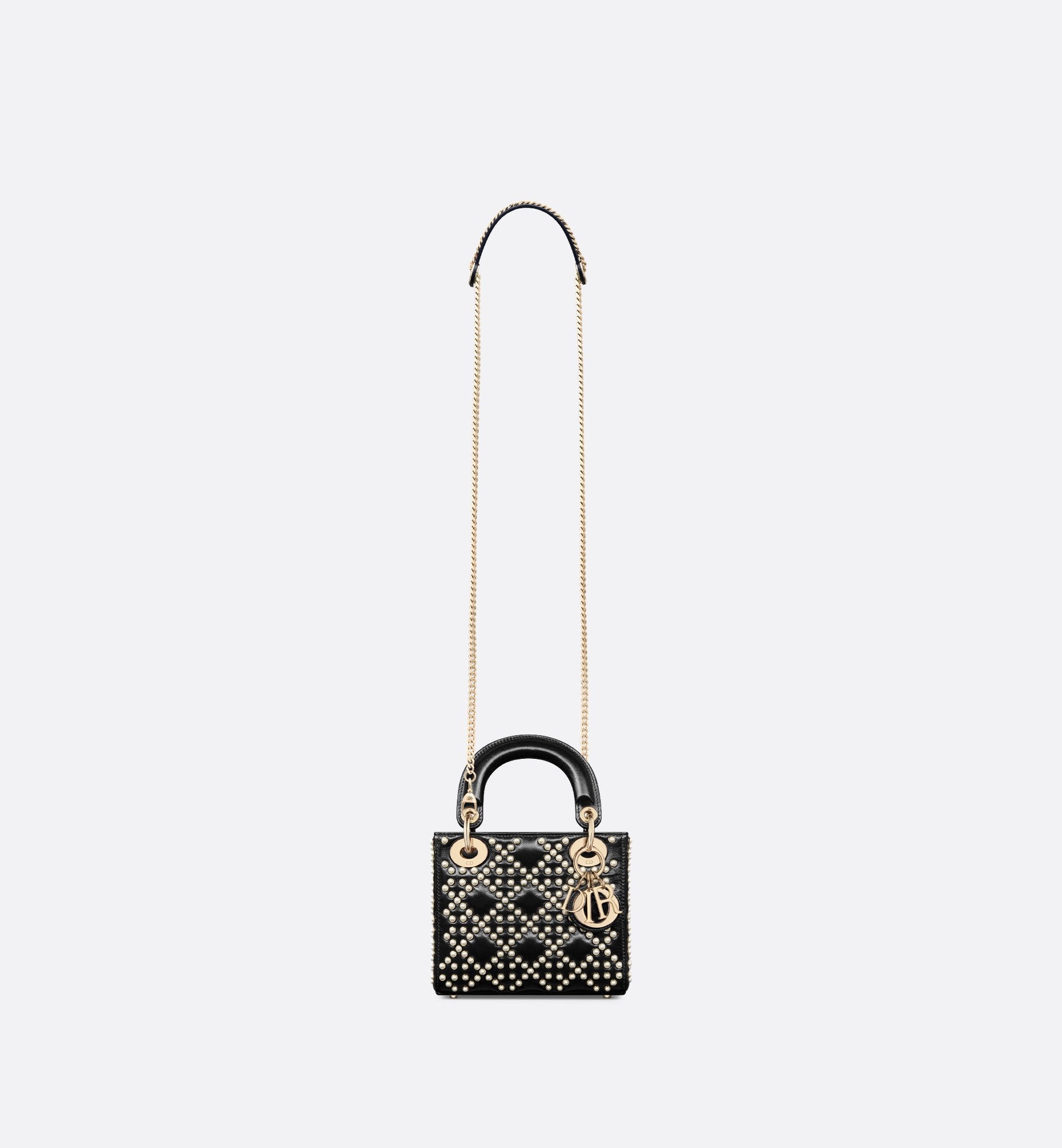 Mini Lady Dior Bag Black Crinkle-Effect Lambskin With White Resin Half-Pearl Cannage Motif