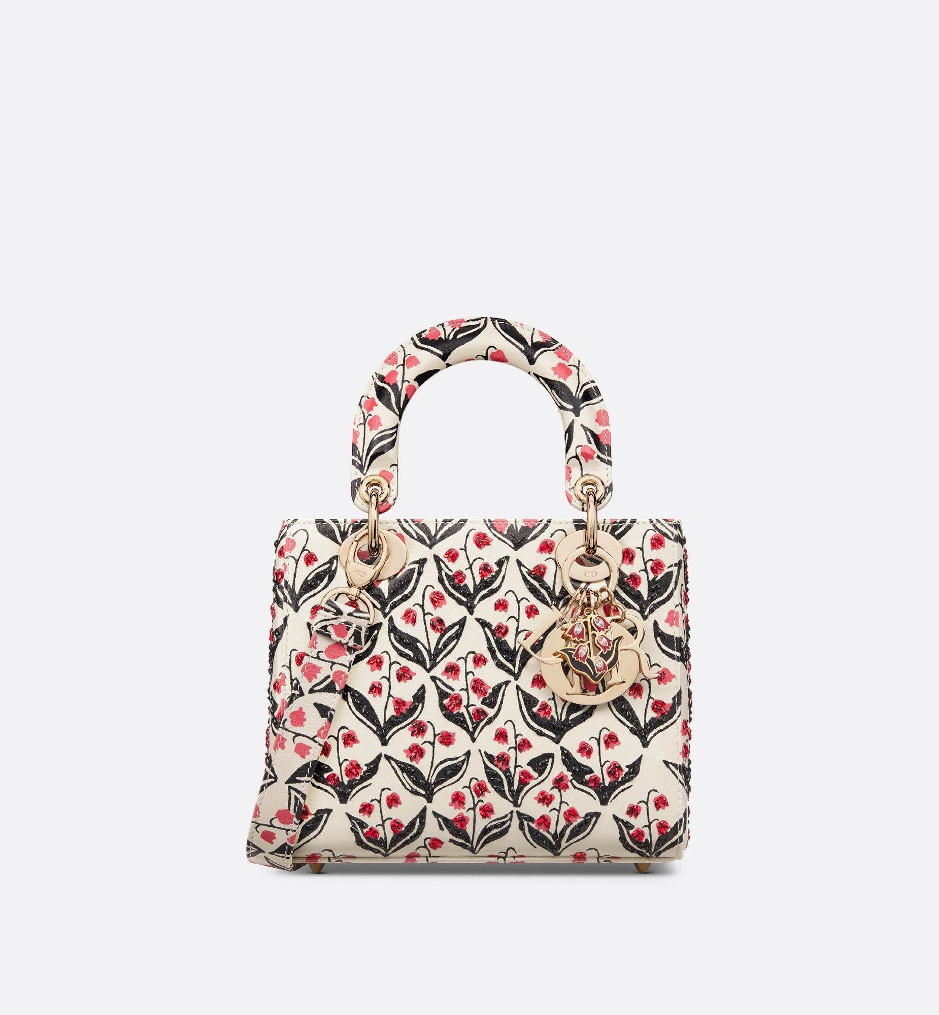 Dioramour Small Lady Dior Bag White Calfskin With Black And Red Dior Lily Of The Valley Print And Embroidery