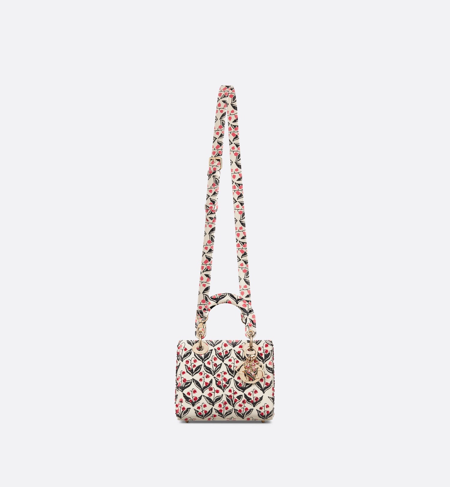 Dioramour Small Lady Dior Bag White Calfskin With Black And Red Dior Lily Of The Valley Print And Embroidery