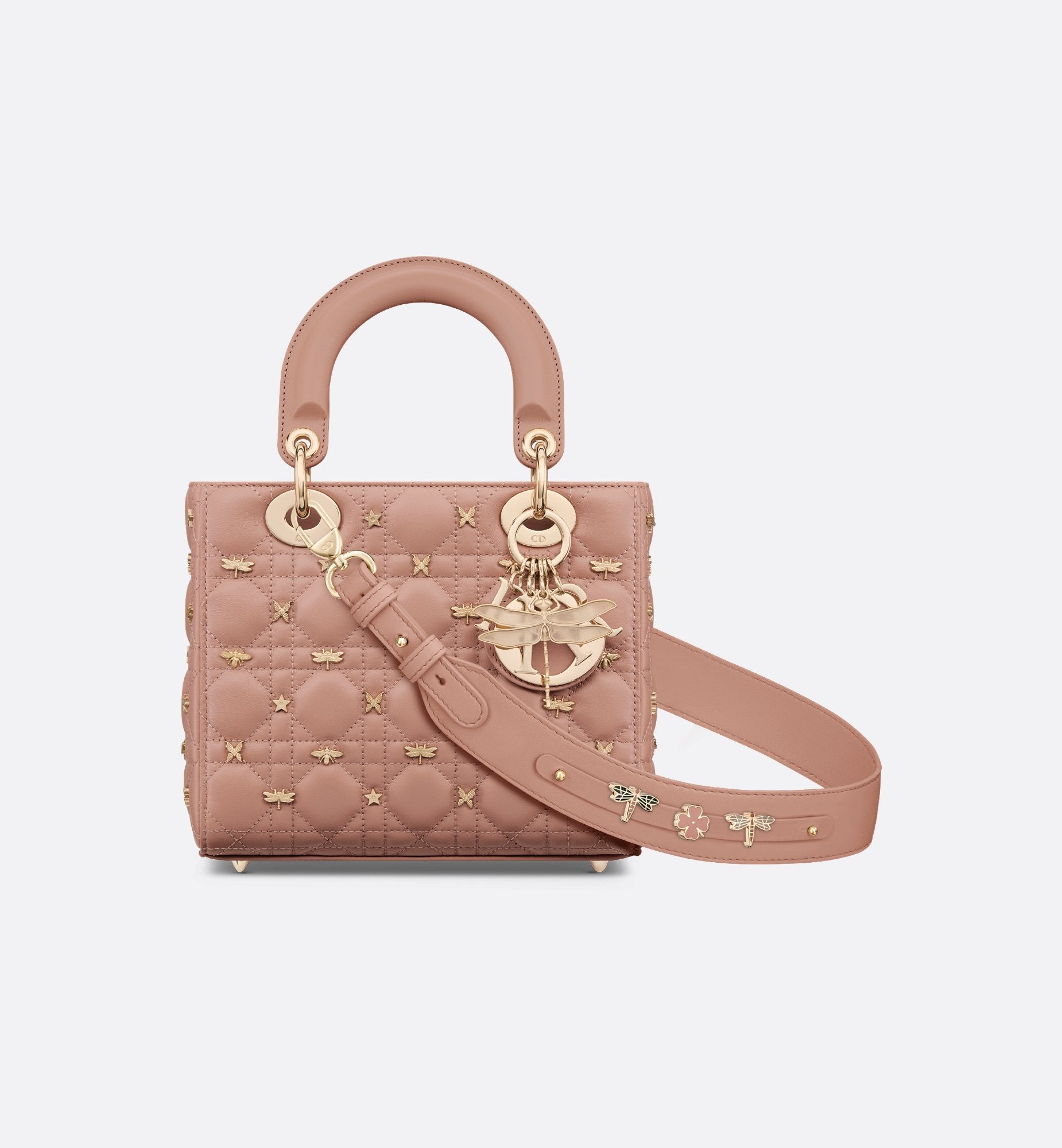 Small Lady Dior My Abcdior Bag Rose Des Vents Cannage Lambskin With Gold-Finish Dragonfly Studs