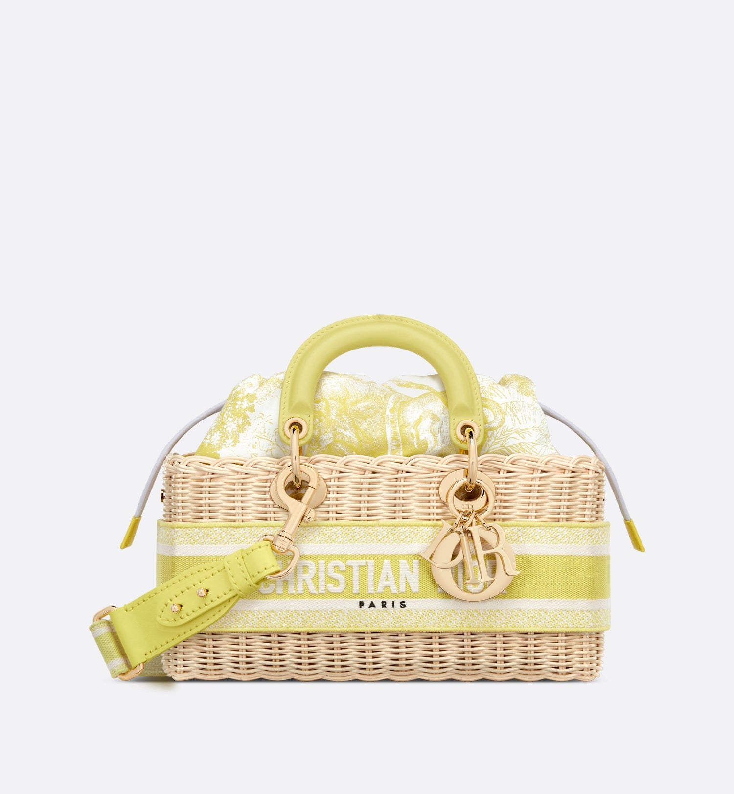 Medium Dioriviera Lady D-Joy Bag Natural Wicker And Lemon Yellow Toile De Jouy Jacquard