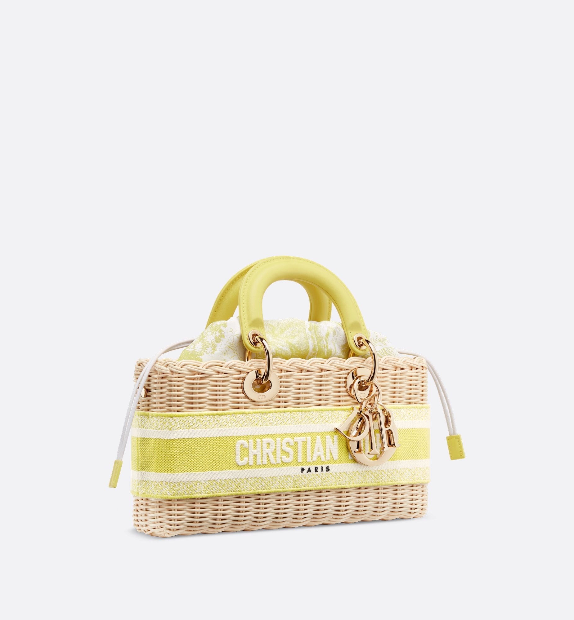 Medium Dioriviera Lady D-Joy Bag Natural Wicker And Lemon Yellow Toile De Jouy Jacquard