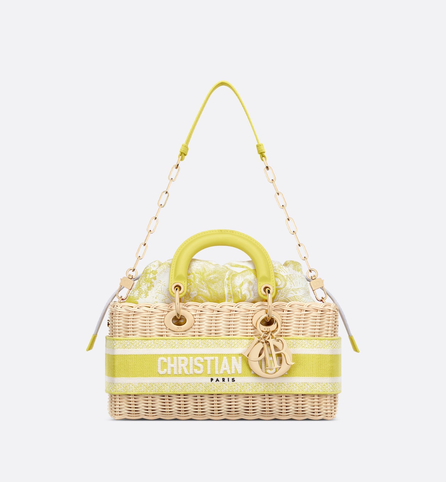 Medium Dioriviera Lady D-Joy Bag Natural Wicker And Lemon Yellow Toile De Jouy Jacquard