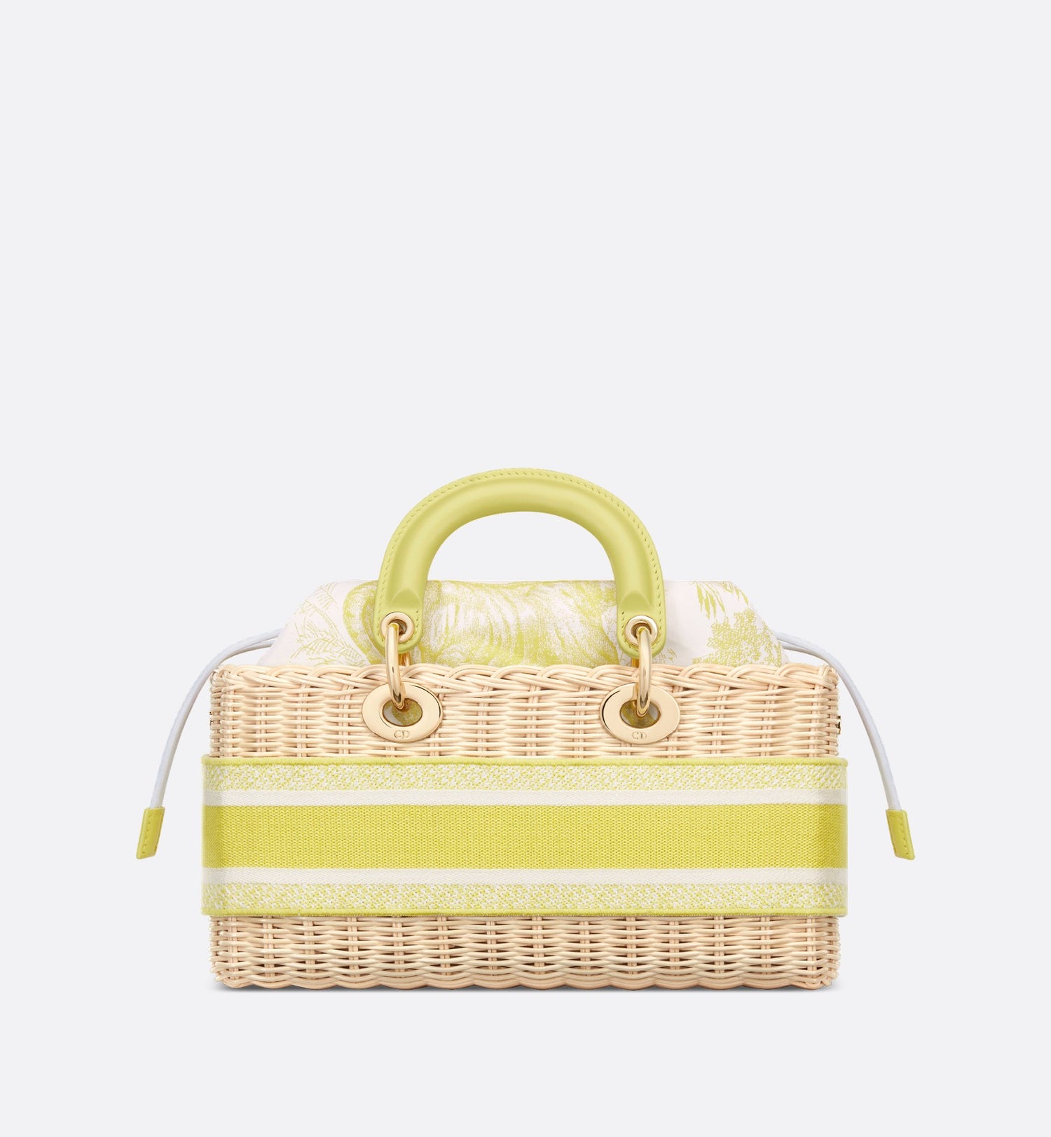 Medium Dioriviera Lady D-Joy Bag Natural Wicker And Lemon Yellow Toile De Jouy Jacquard