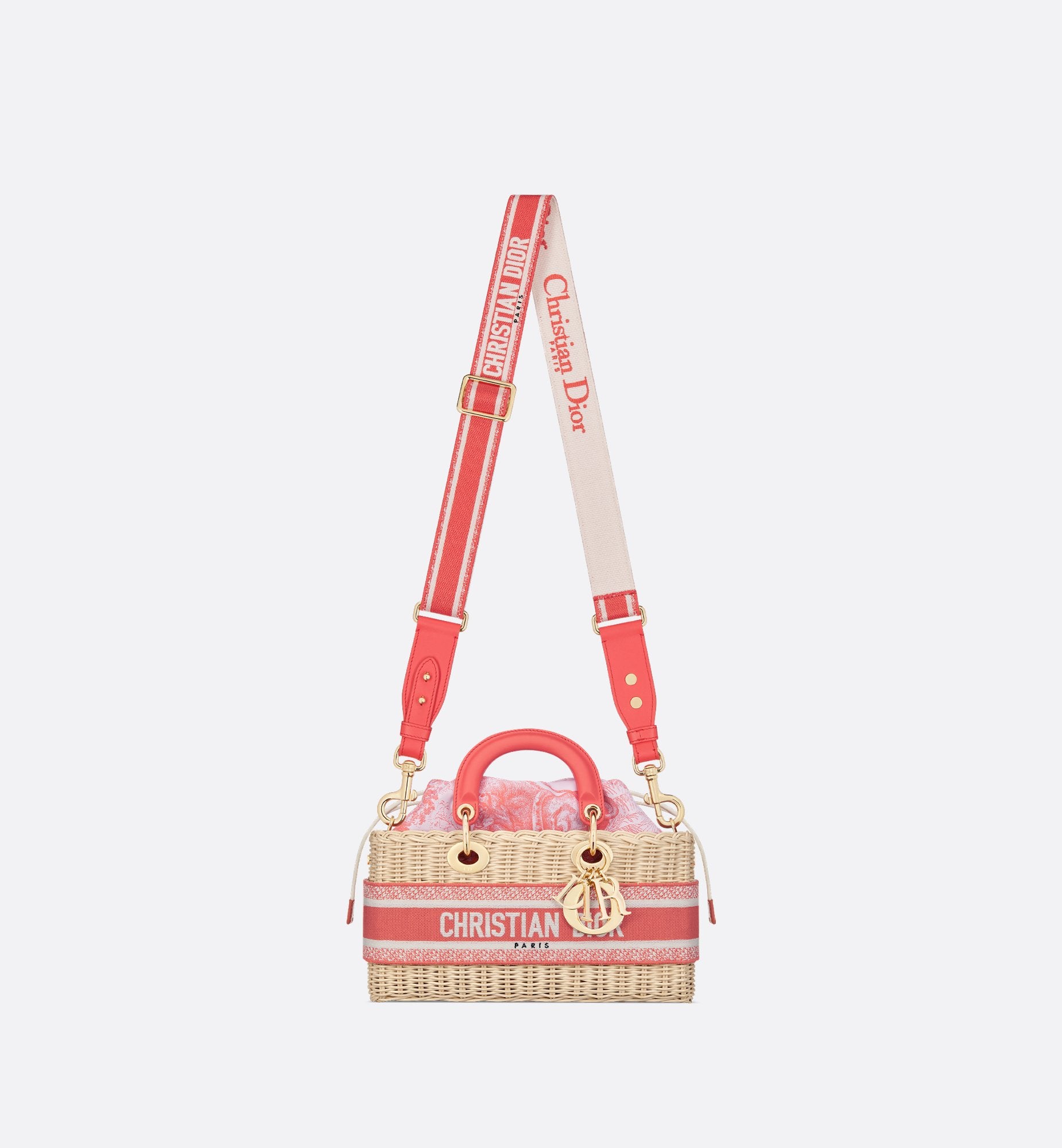 Medium Dioriviera Lady D-Joy Bag Natural Wicker And Coral Toile De Jouy Jacquard