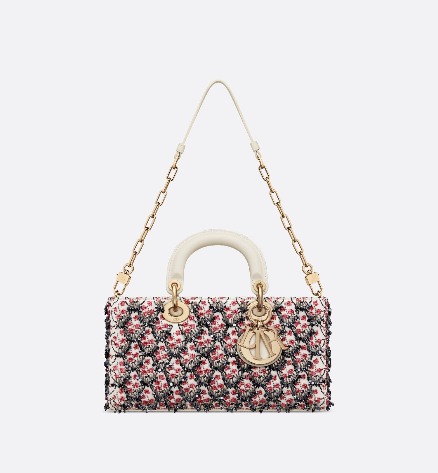 Dioramour Medium Lady D-Joy Bag White Satin With Black And Red Dior Lily Of The Valley Embroidery