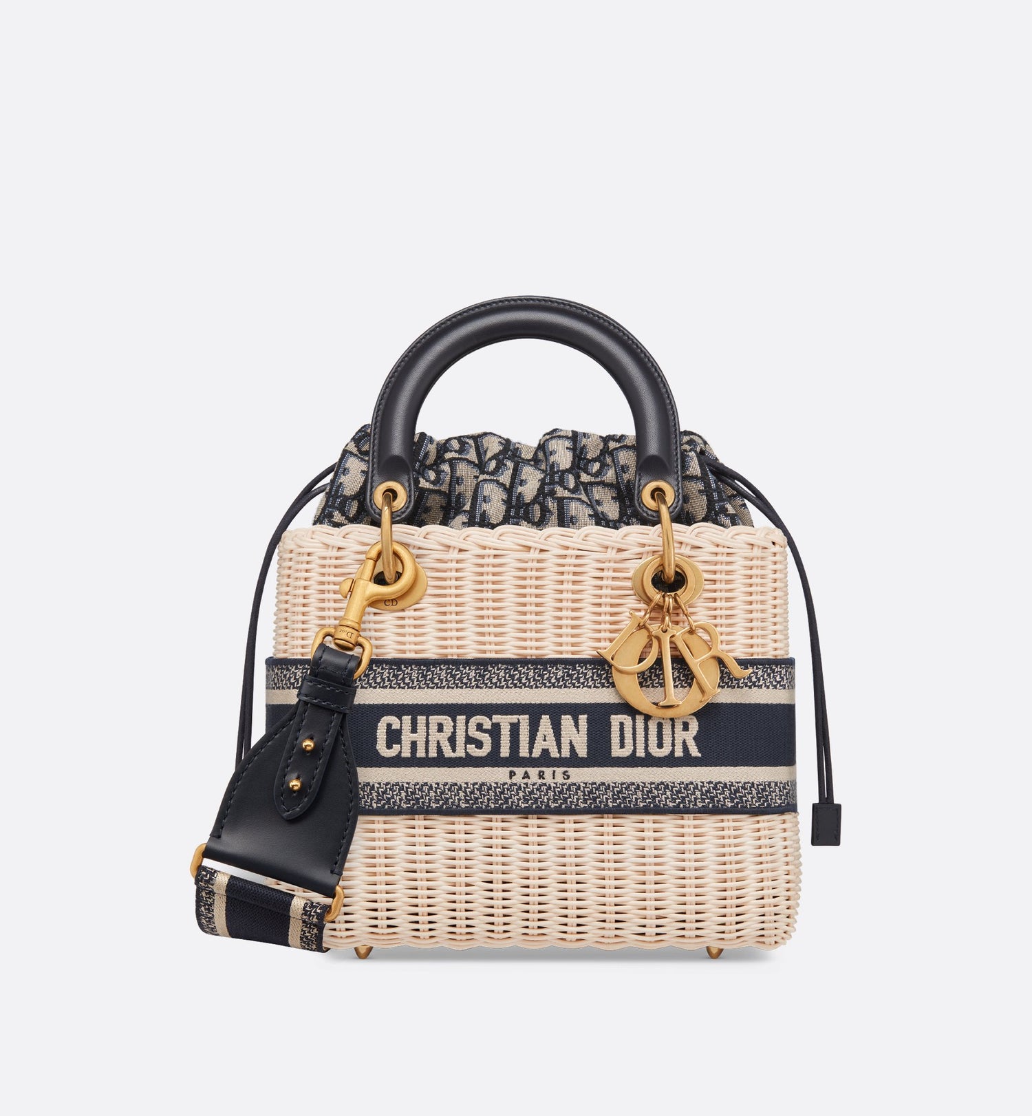 Medium Lady Dior Bag Natural Wicker And Blue Dior Oblique Jacquard