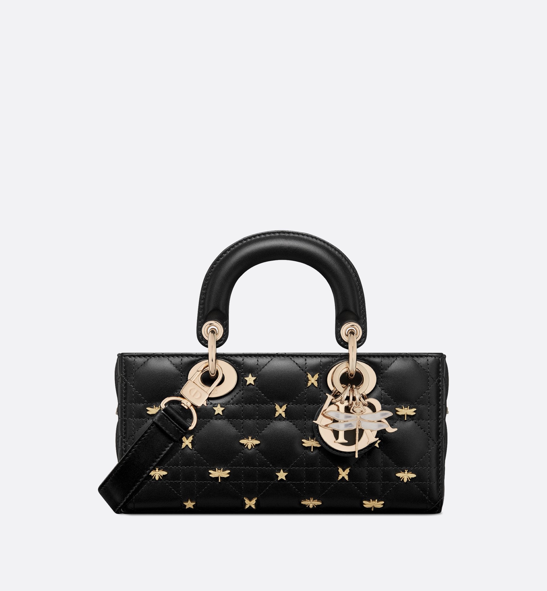 Small Lady D-Joy Bag Black Cannage Lambskin With Gold-Finish Dragonfly Studs