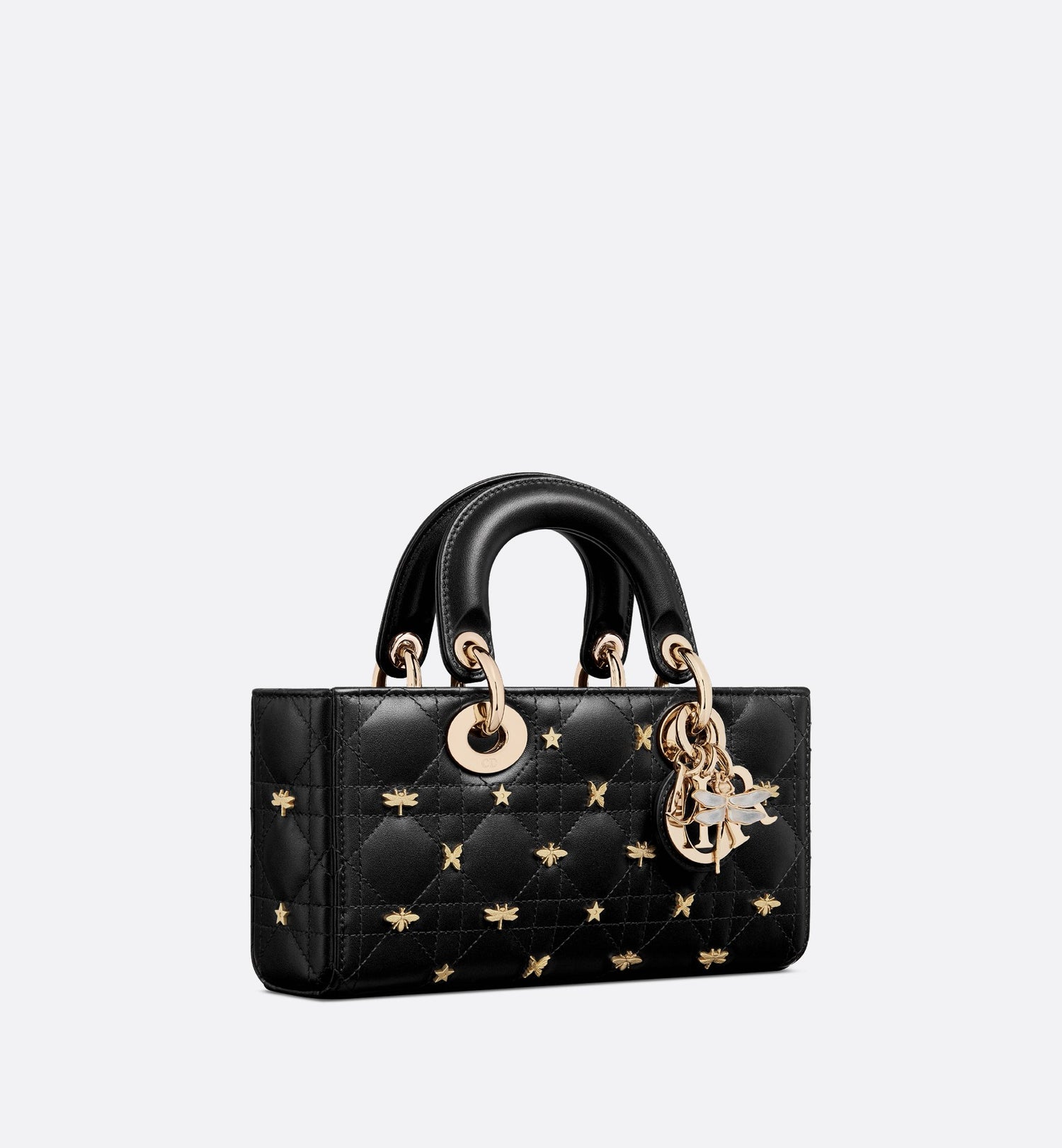 Small Lady D-Joy Bag Black Cannage Lambskin With Gold-Finish Dragonfly Studs