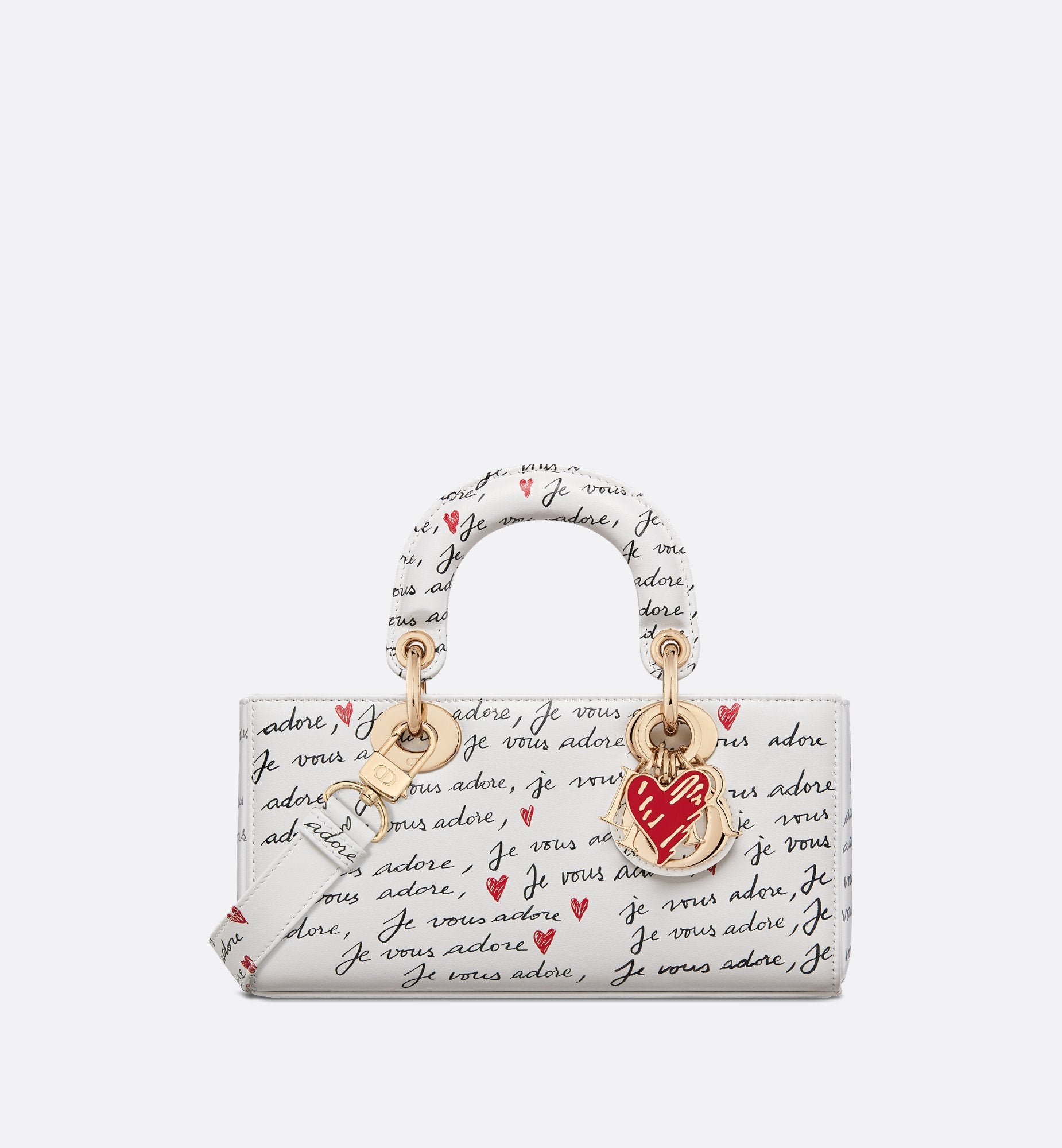 Dioramour Small Lady D-Joy Bag White Calfskin With Black And Red Je Vous Adore Print