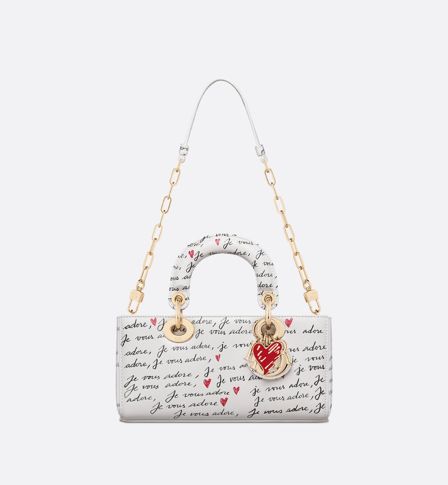 Dioramour Small Lady D-Joy Bag White Calfskin With Black And Red Je Vous Adore Print