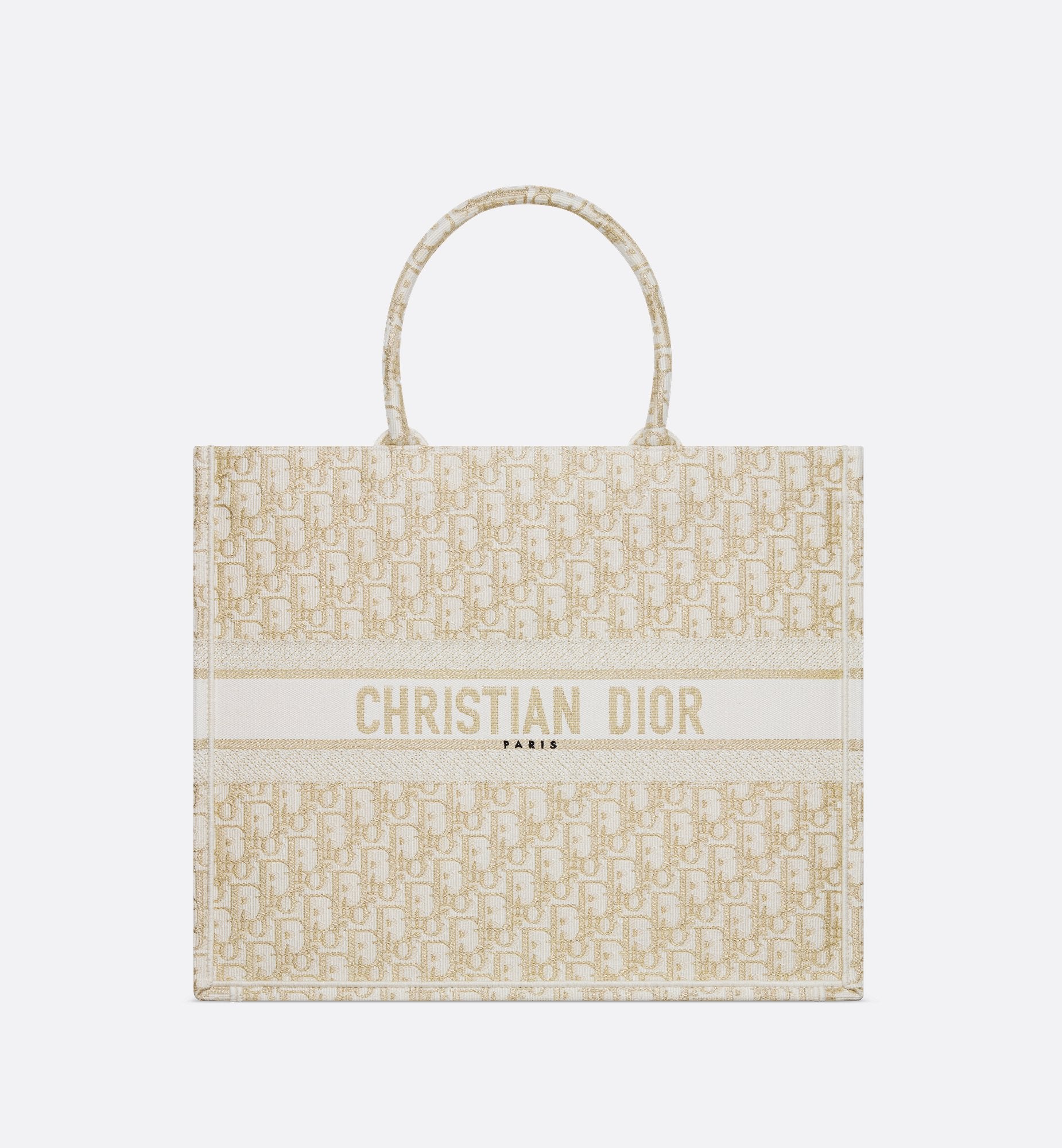 Large Dior Book Tote White And Gold Tone Oblique Embroidery