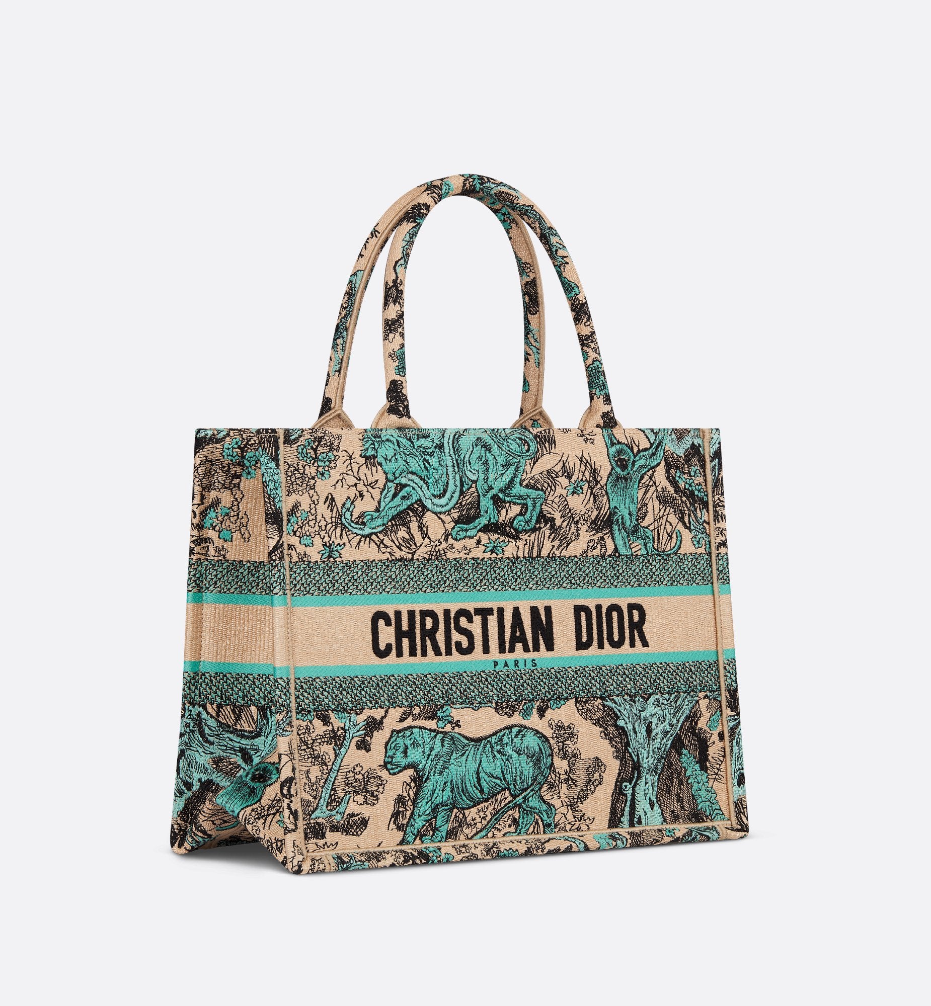 Medium Dioriviera Dior Book Tote Raffia With Aquamarina Toile De Jouy Sauvage Embroidery