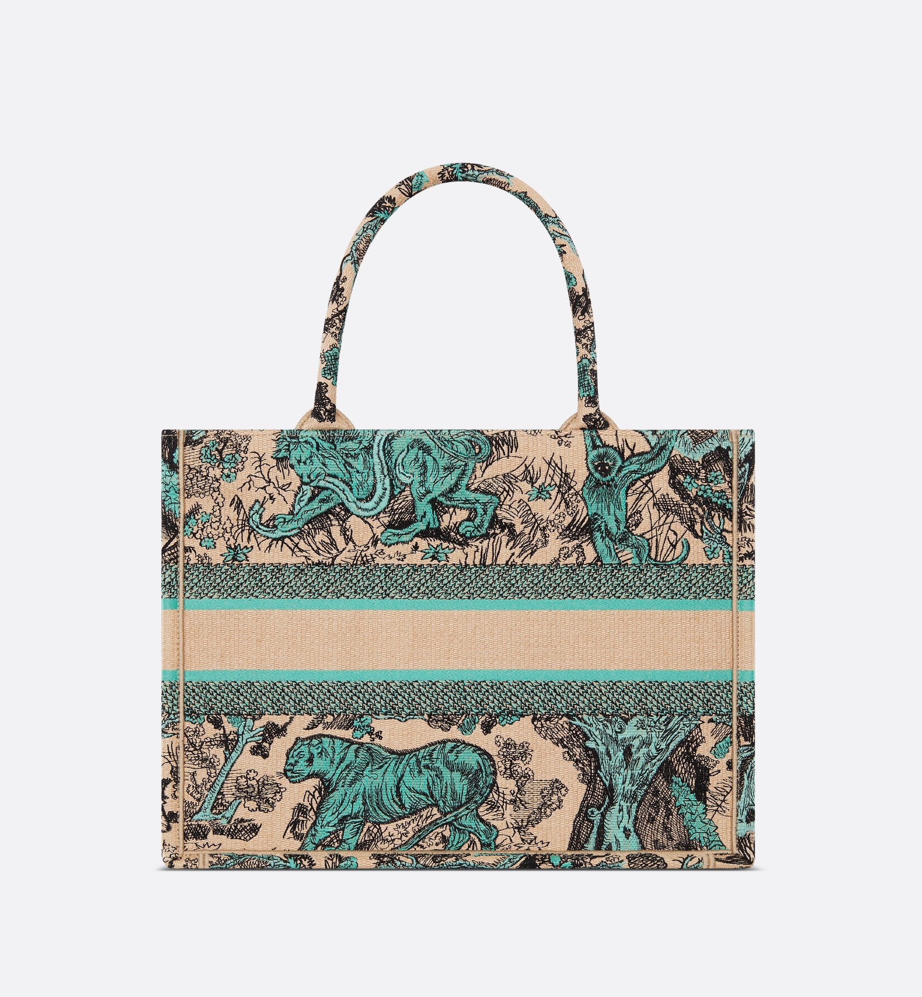 Medium Dioriviera Dior Book Tote Raffia With Aquamarina Toile De Jouy Sauvage Embroidery