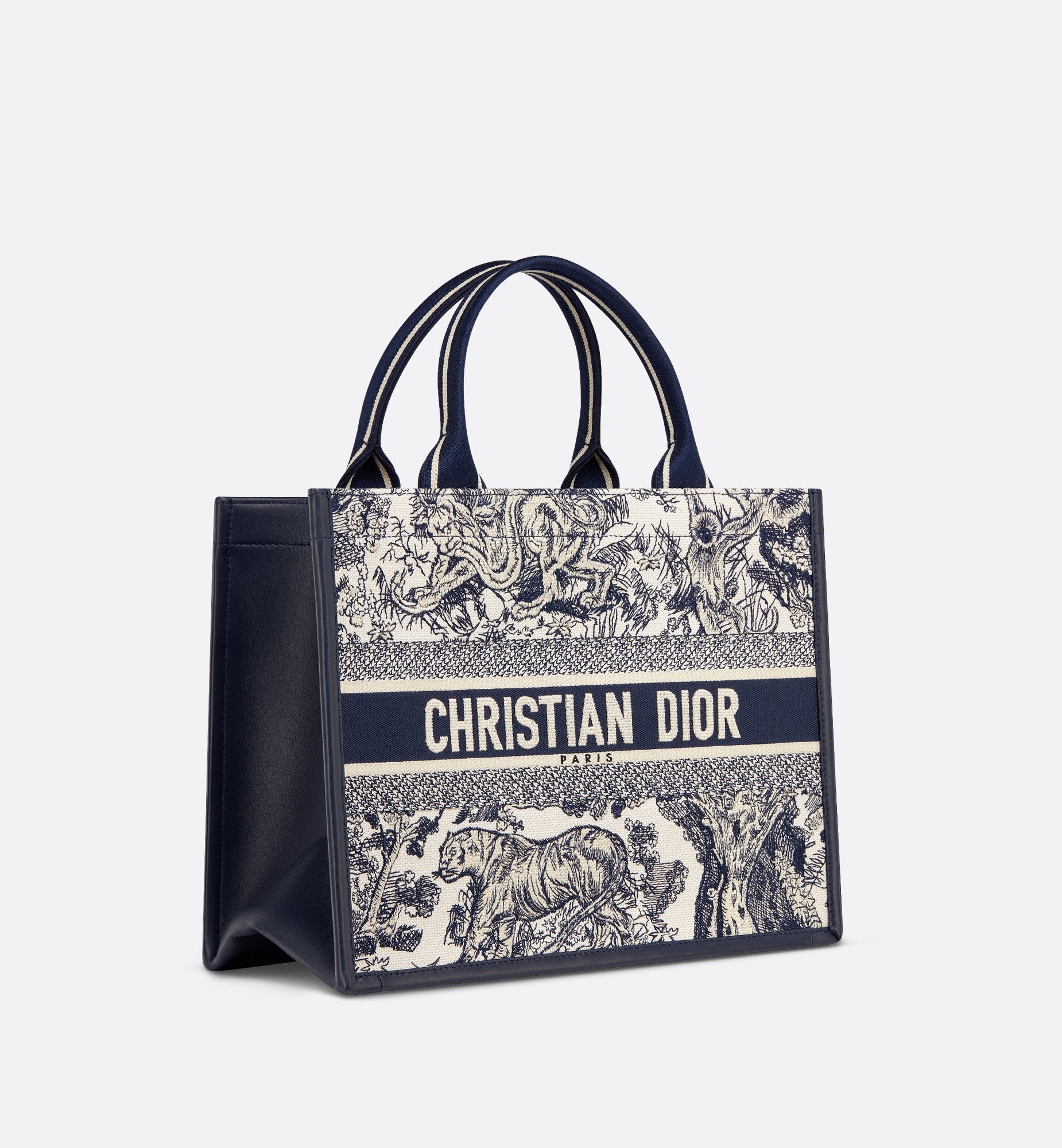 Medium Dior Book Tote White And Navy Blue Toile De Jouy Sauvage Embroidery With Navy Blue Calfskin