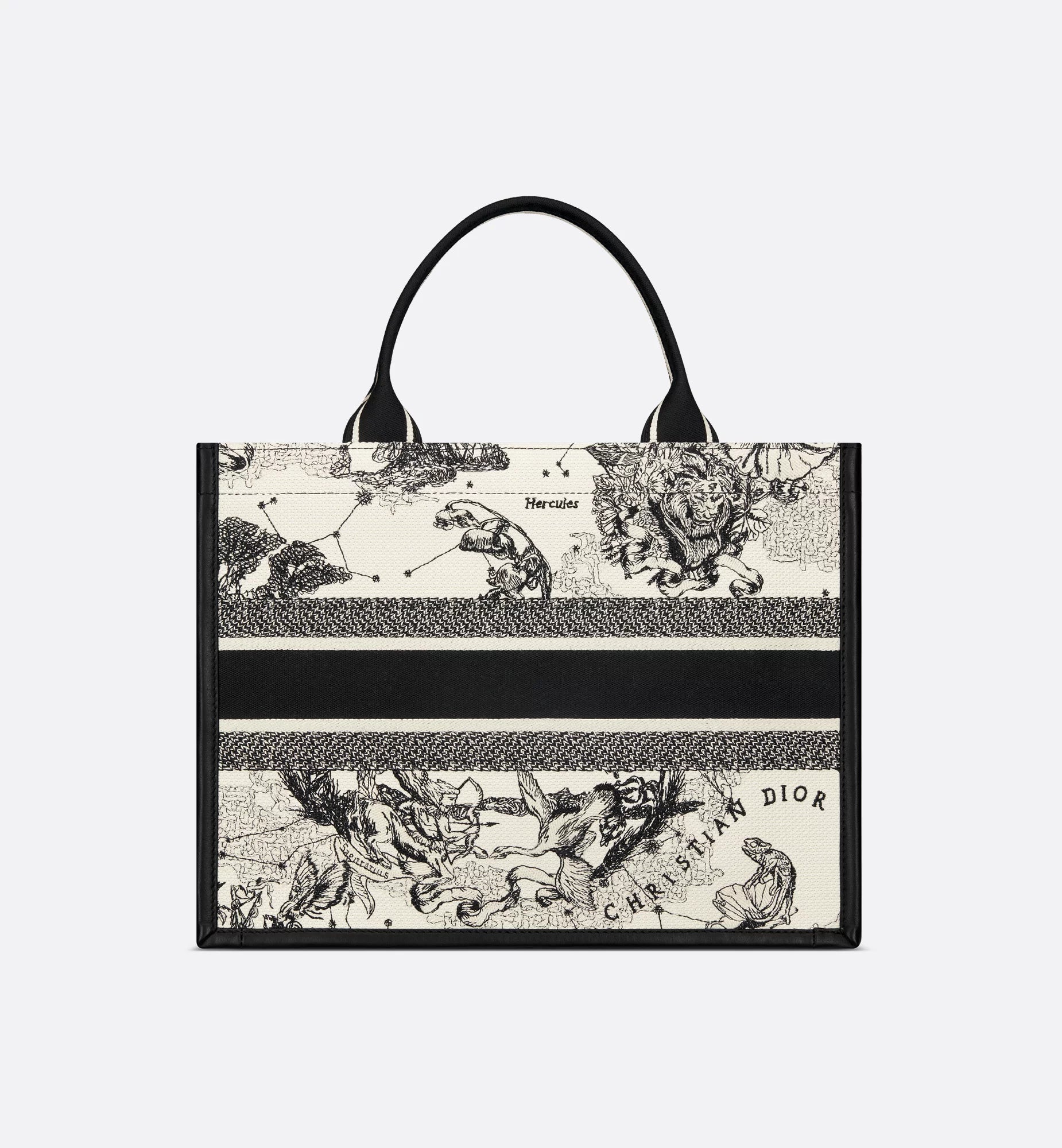 Medium Dior Book Tote Latte and Black Dior Zodiac Embroidery with Black Calfskin