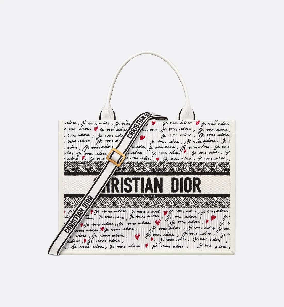 Dioramour Medium Dior Book Tote White Embroidery with Black and Red Je Vous Adore Motif and White Calfskin