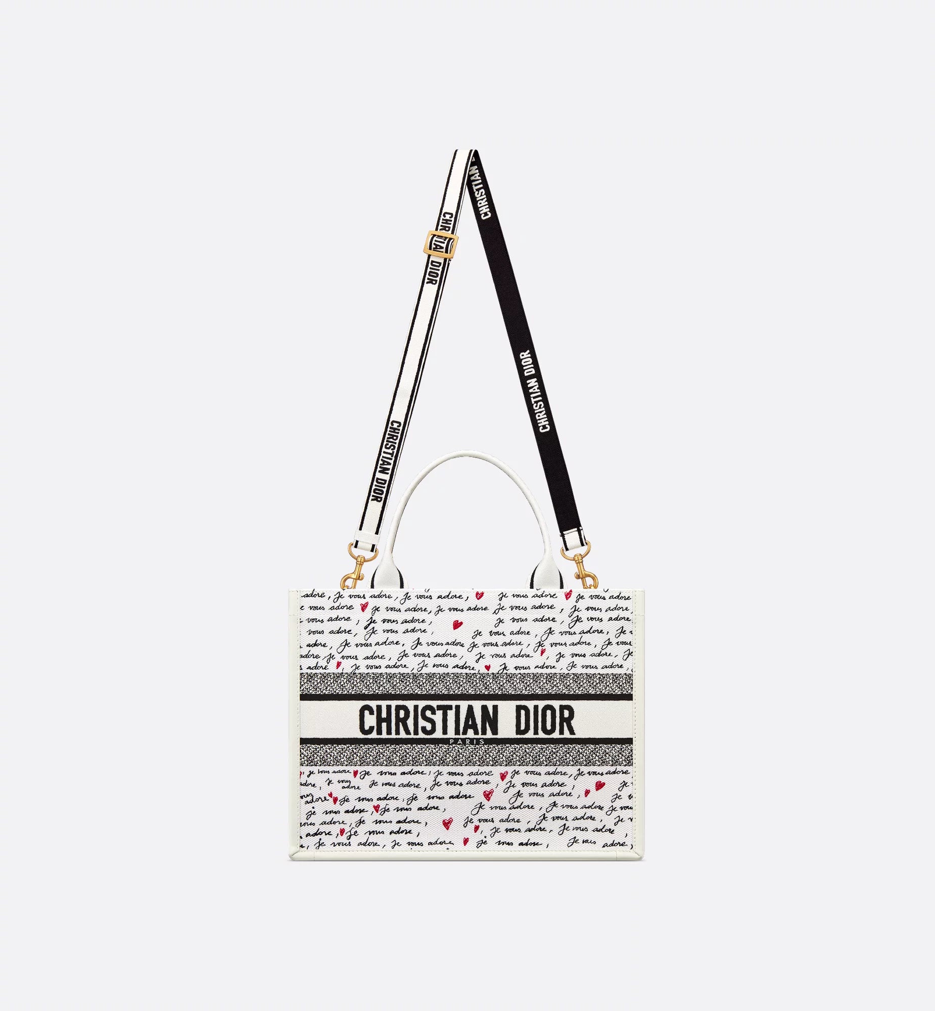 Dioramour Medium Dior Book Tote White Embroidery with Black and Red Je Vous Adore Motif and White Calfskin