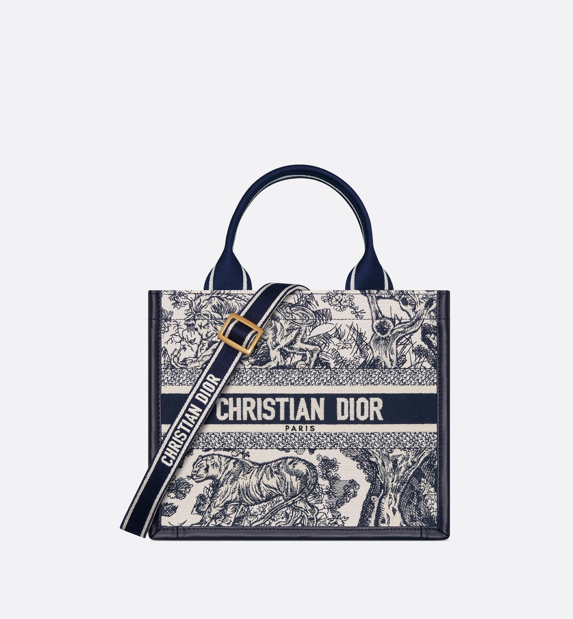 Small Dior Book Tote White And Navy Blue Toile De Jouy Sauvage Embroidery With Navy Blue Calfskin