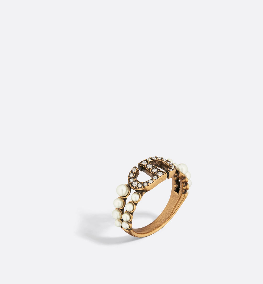 30 Montaigne Ring Antique Gold Finish Metal With White Resin Pearls And Silver-Tone Crystals