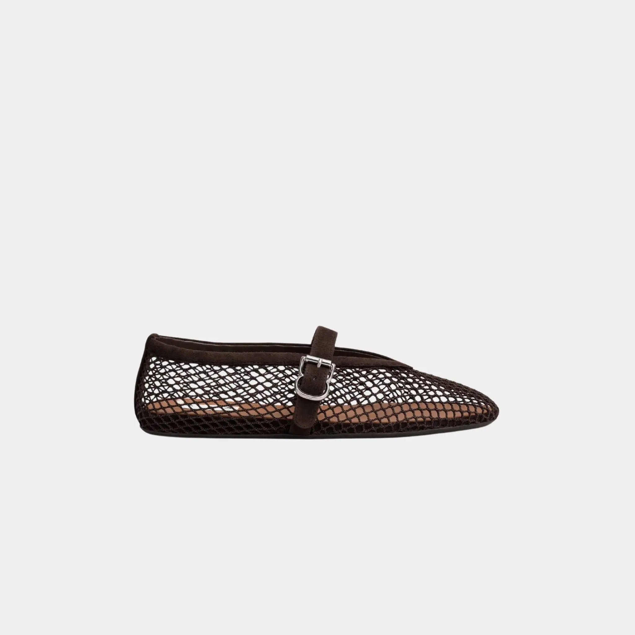Alaia Ballet Flats in Fishnet and Suede Goatskin, Black, Side