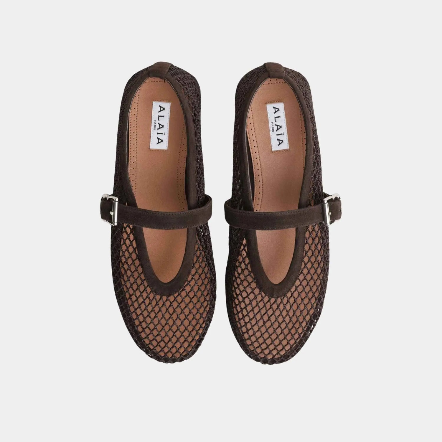 Alaia Ballet Flats in Fishnet and Suede Goatskin, Black, Top