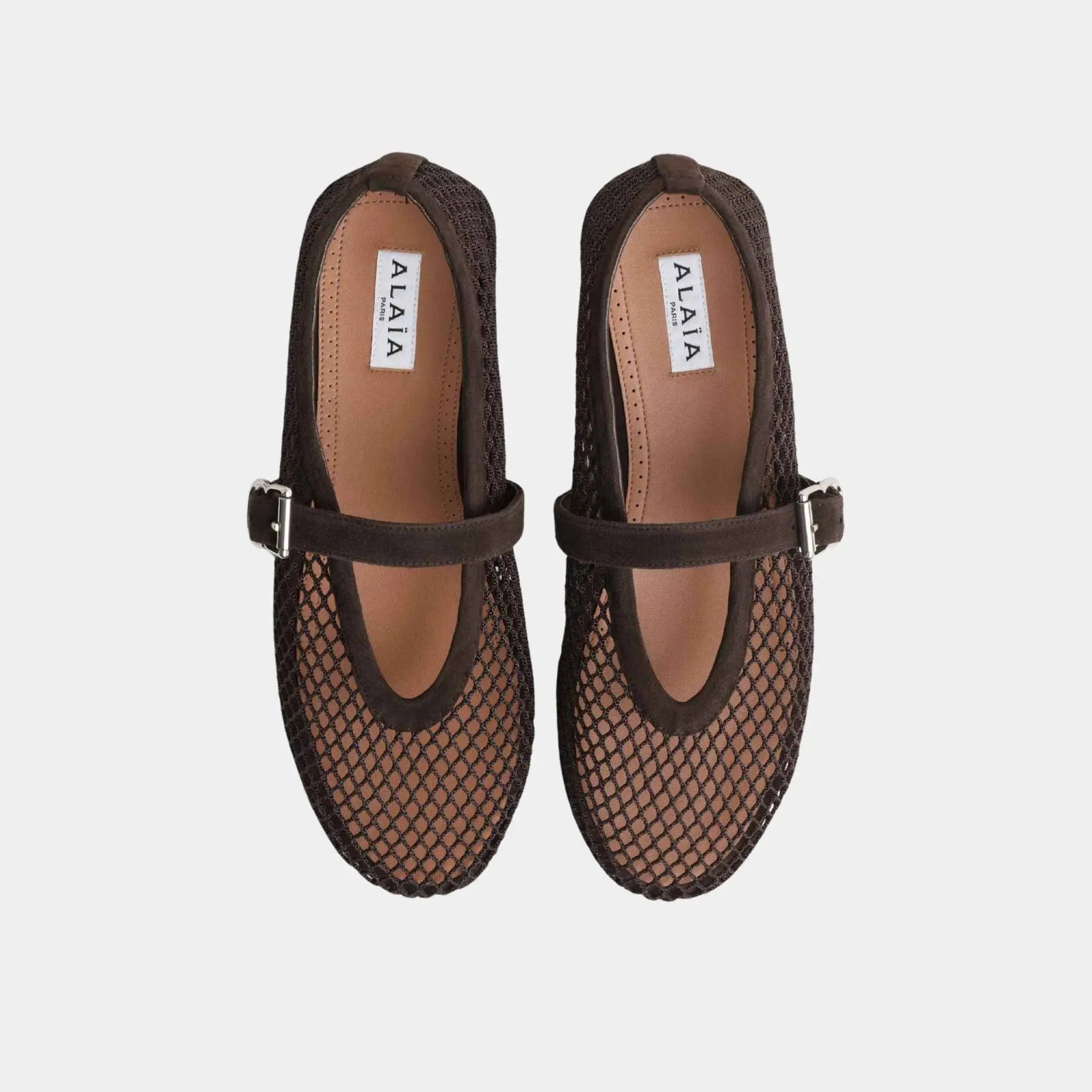 Alaia Ballet Flats in Fishnet and Suede Goatskin, Black, Top