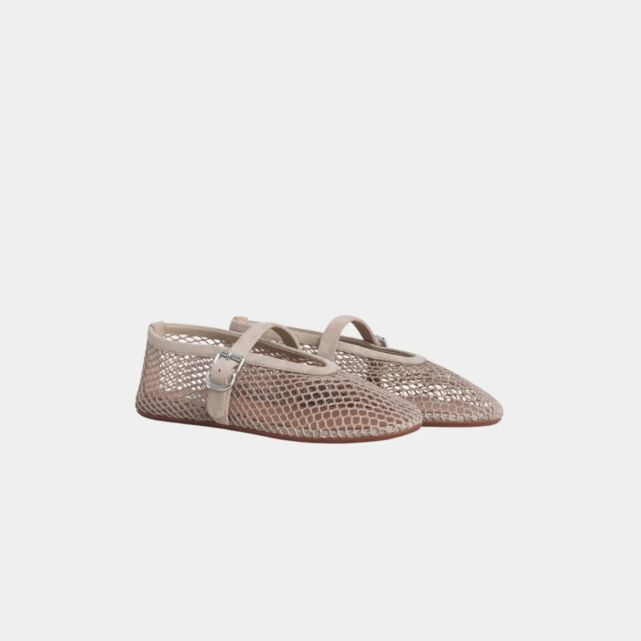 Alaia Ballet Flats in Fishnet and Suede Goatskin, Grege, Front