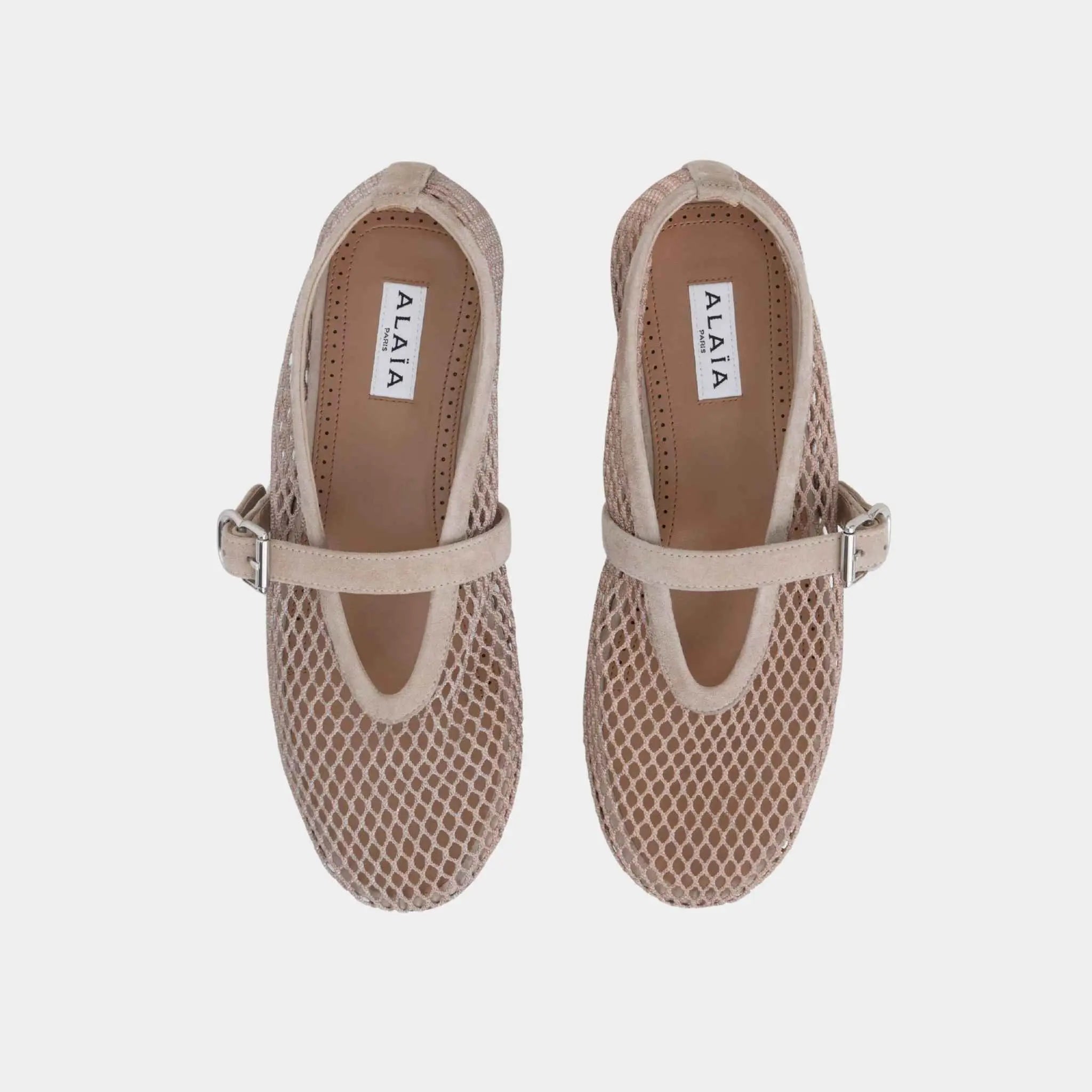 Alaia Ballet Flats in Fishnet and Suede Goatskin, Grege, Top