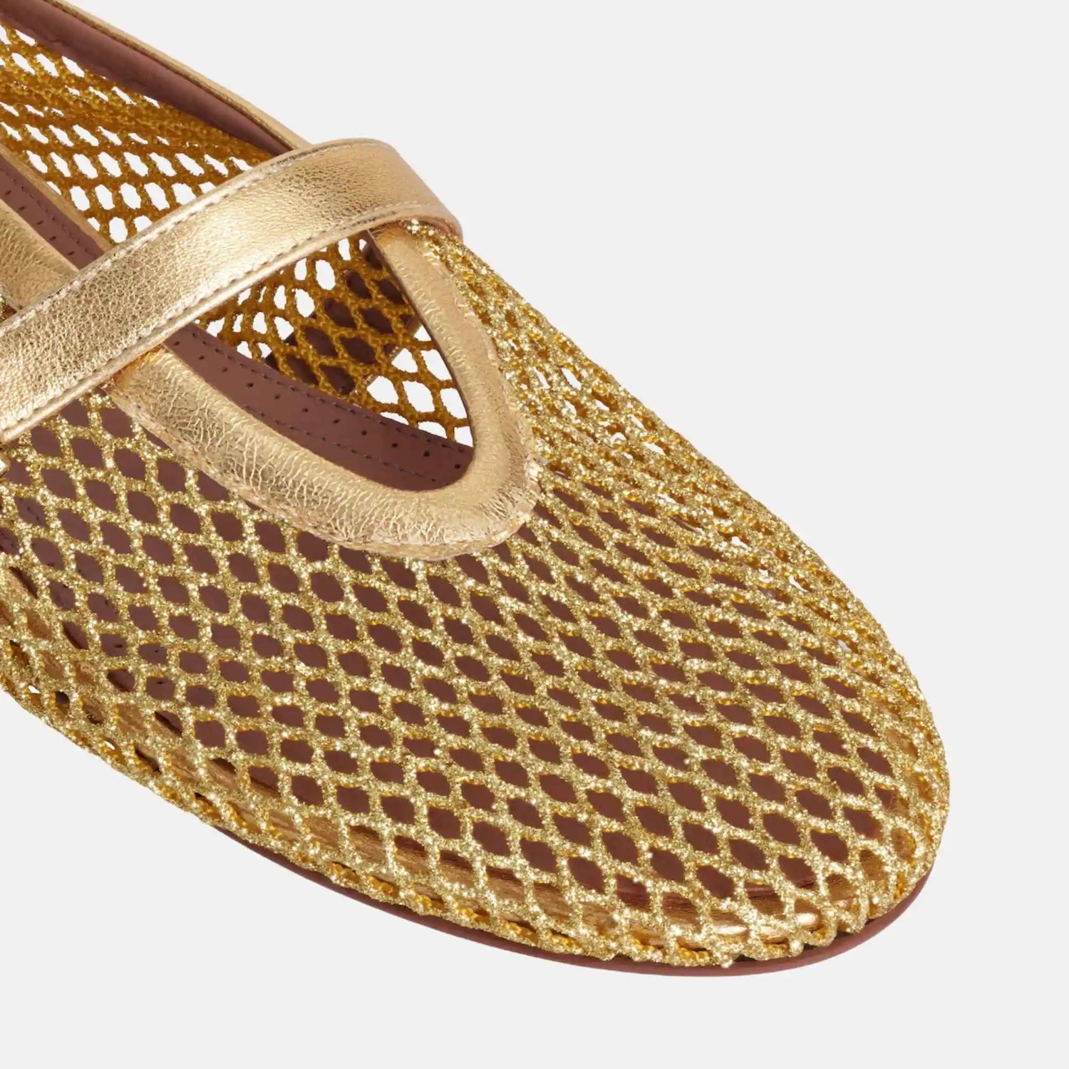 Alaia Ballet Flats In Laminated Fishnet, Gold, Close