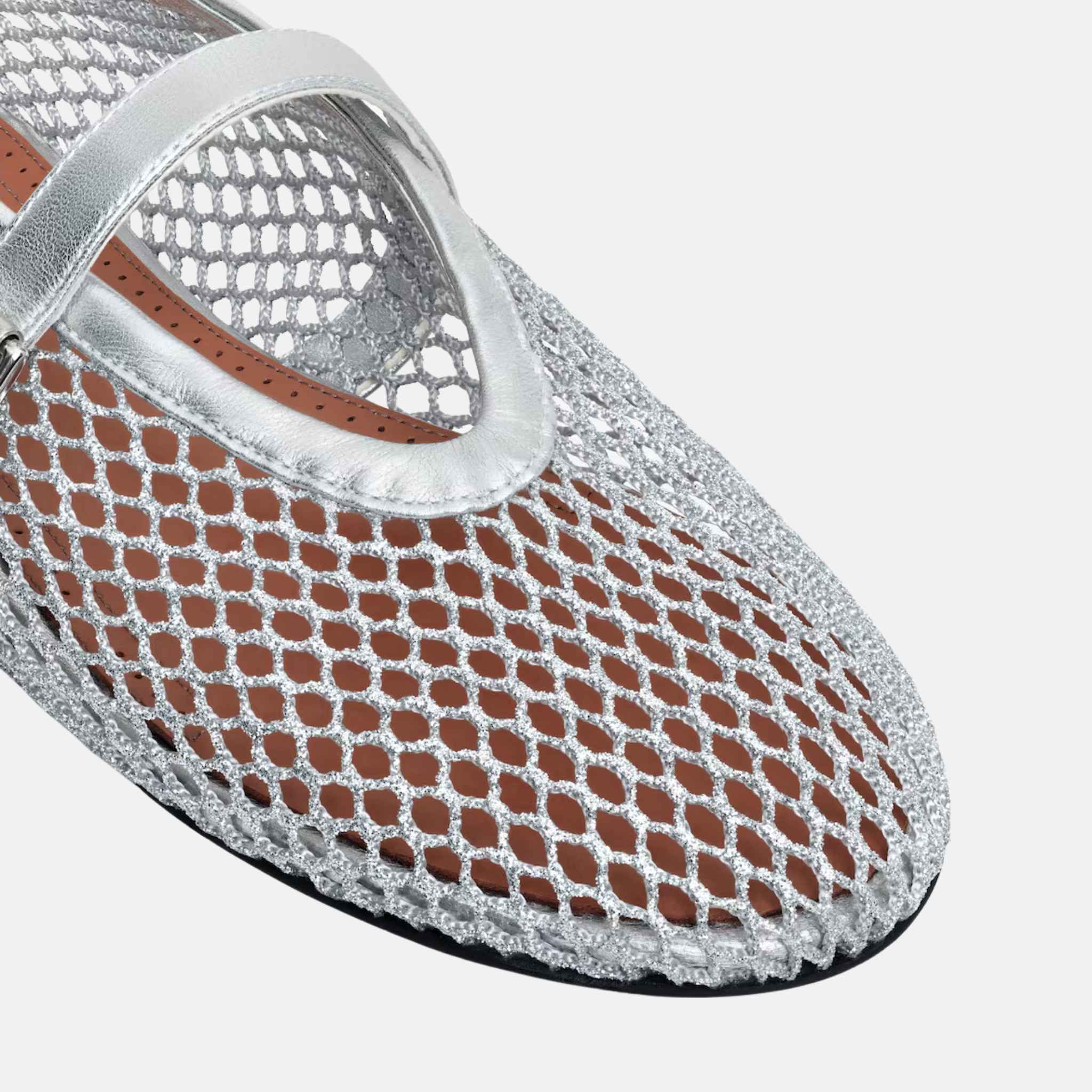 Alaia Ballet Flats In Laminated Fishnet, Silver, Close