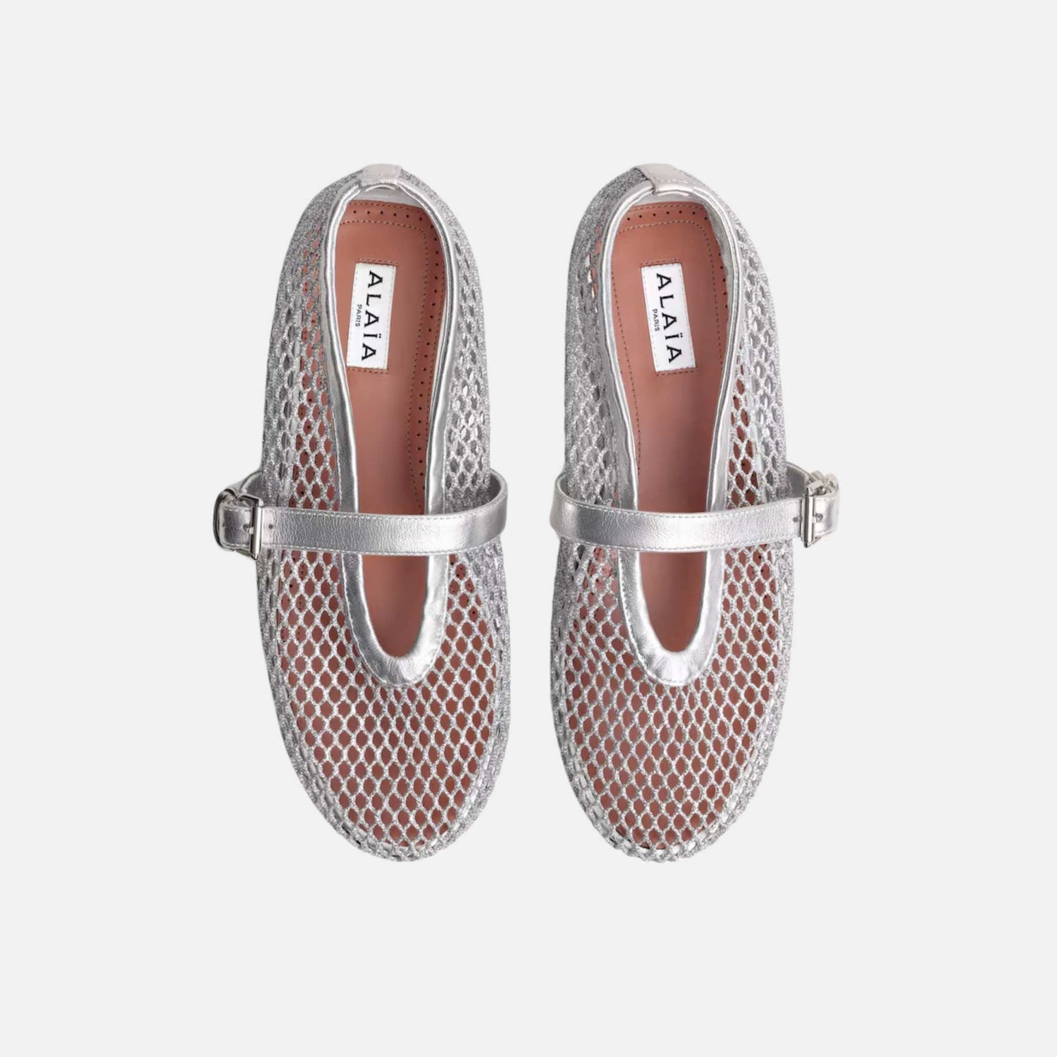 Alaia Ballet Flats In Laminated Fishnet, Silver, Top