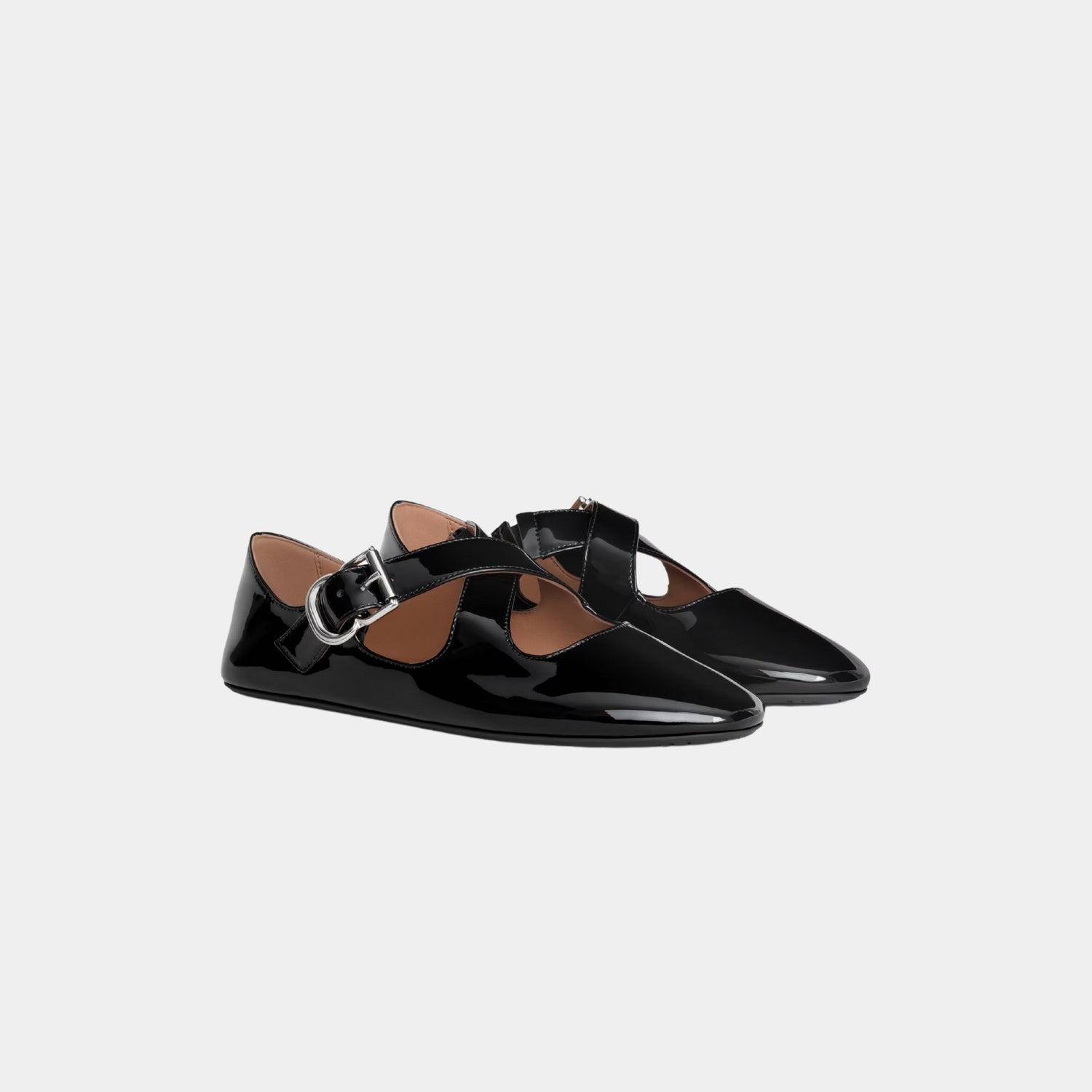 Alaia Criss Cross Ballet Flats In Patent Calfskin, Black, Front