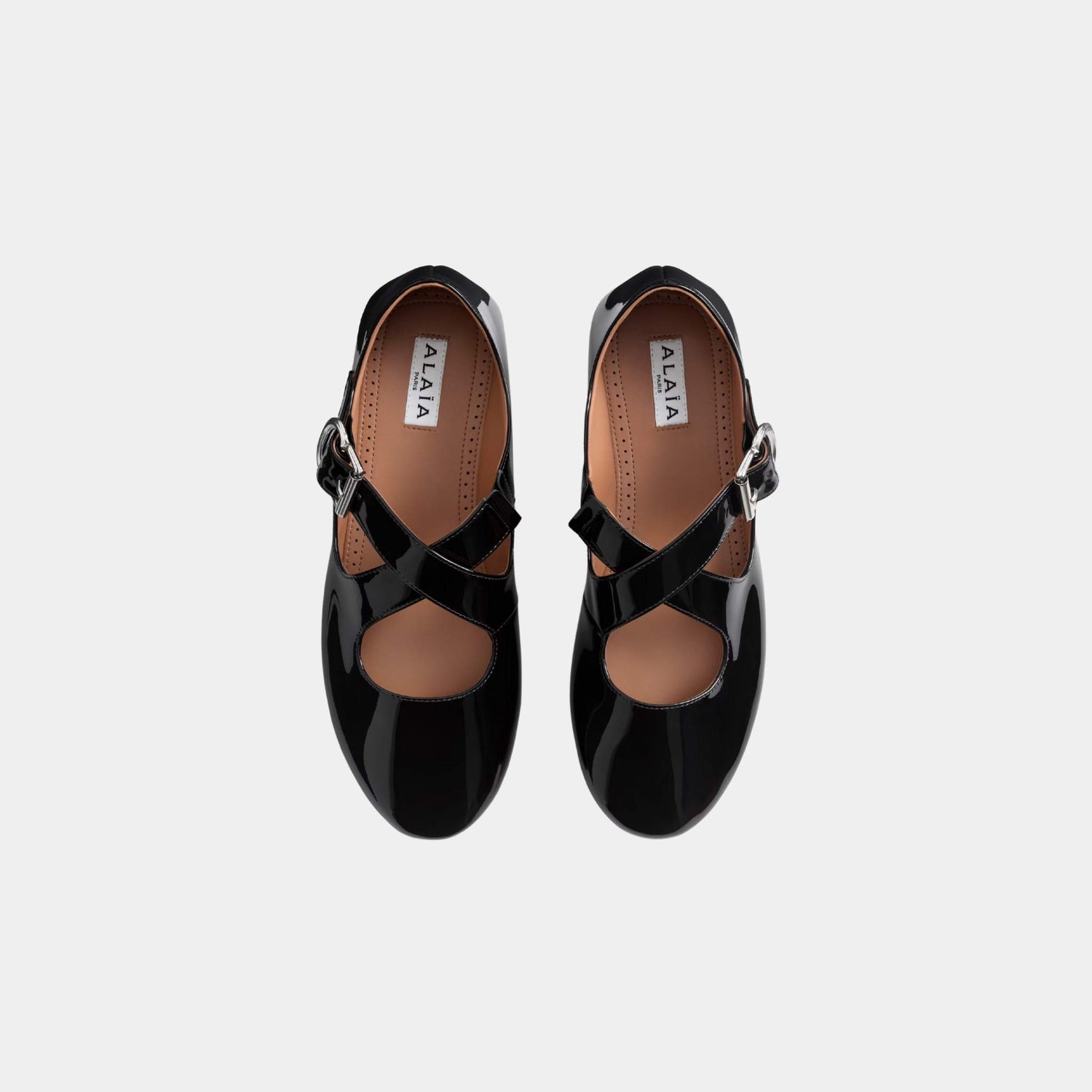 Alaia Criss Cross Ballet Flats In Patent Calfskin, Black, Top