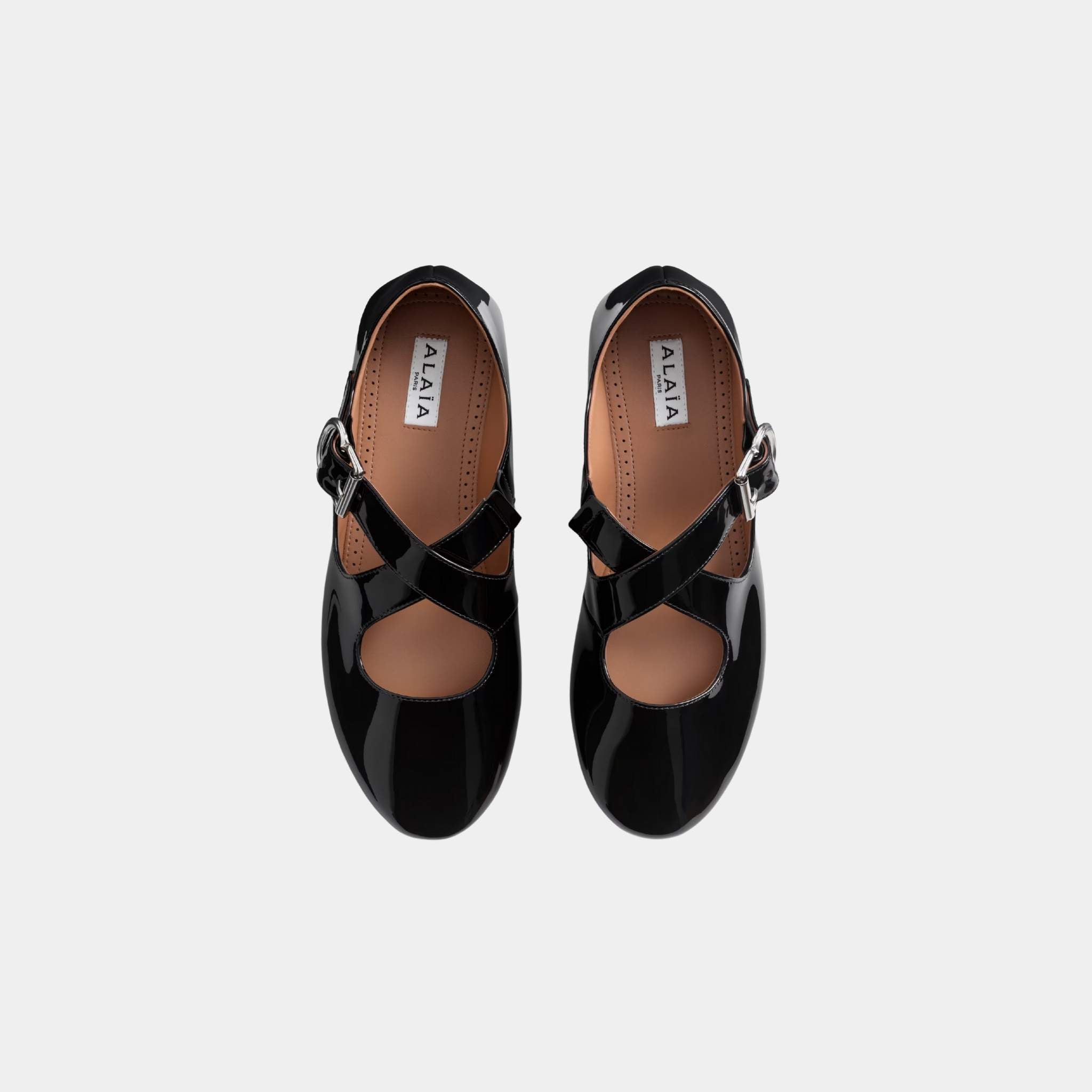 Alaia Criss Cross Ballet Flats In Patent Calfskin, Black, Top