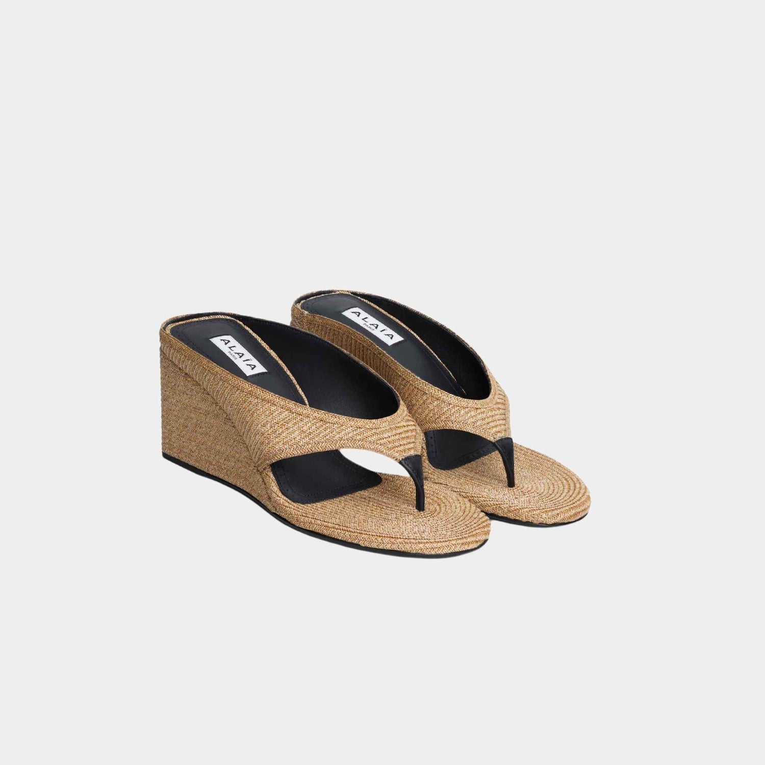 Alaia Cube Thong Mules In Paper Straw, Natural, Front