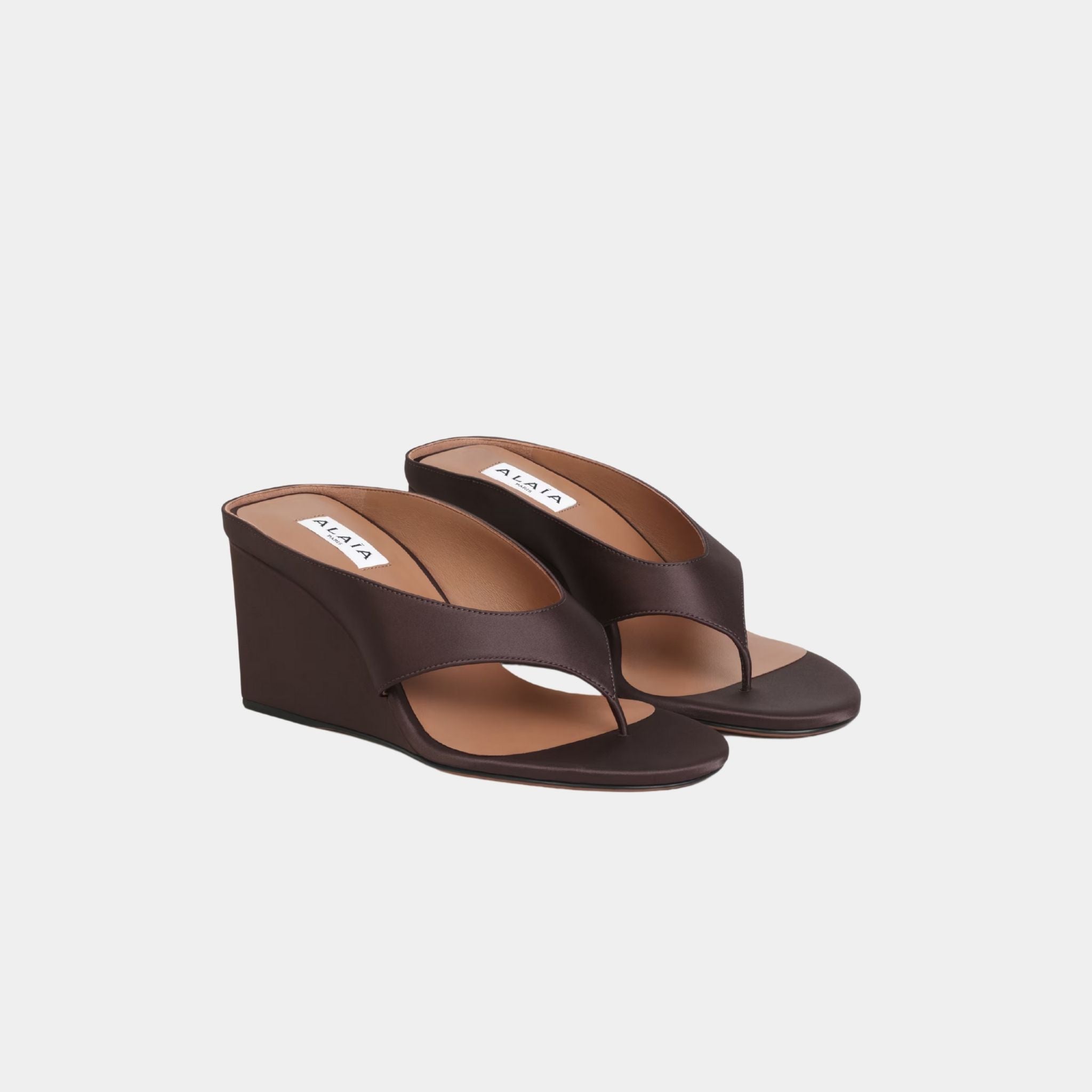 Alaia Cube Thong Mules In Satin, Dark Brown, Front