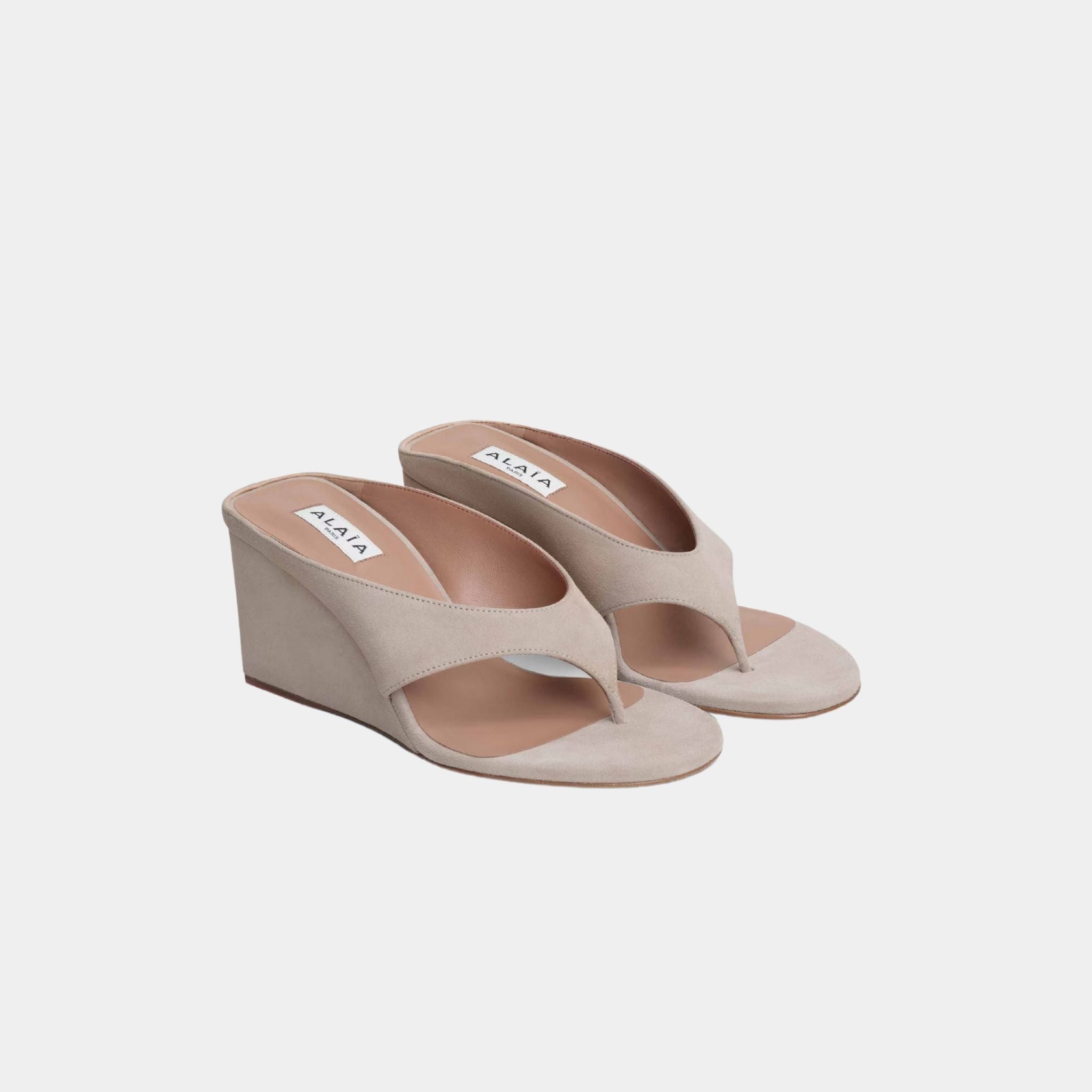 Alaia Cube Thong Mules In Suede Goatskin, Grege, Front