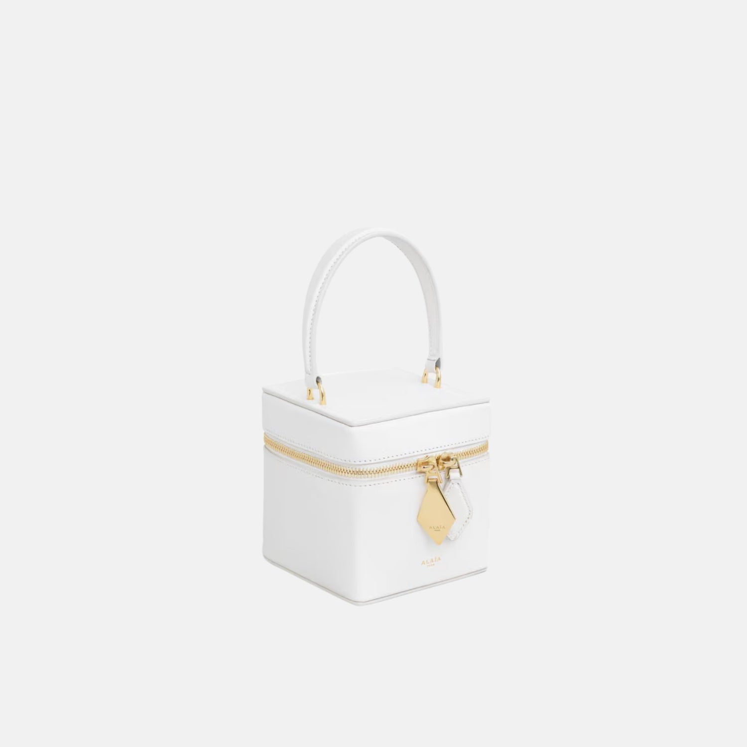 Alaia Cube Vanity Case In Shiny Goatskin, White, Side